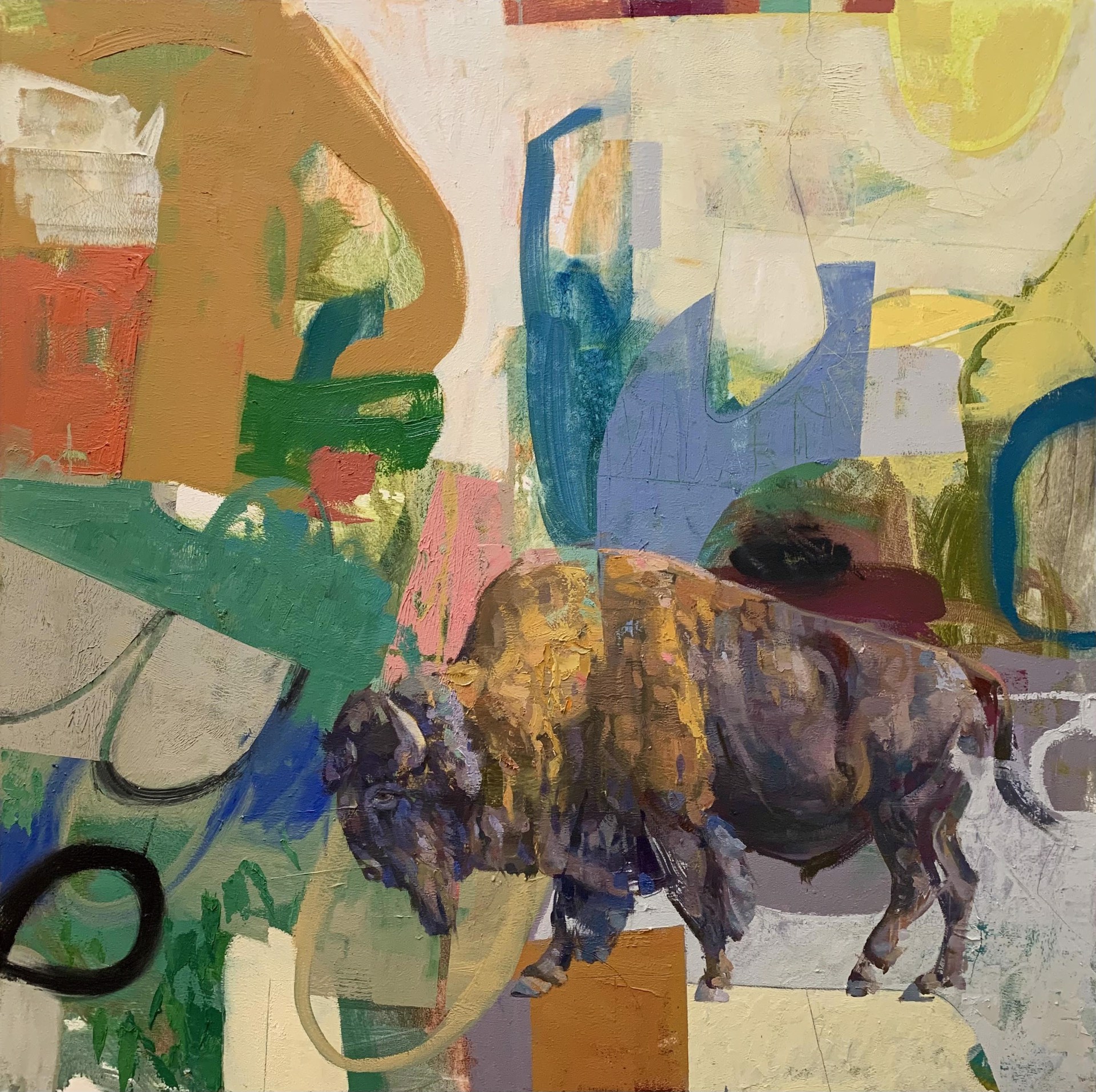 An Abstract Painting With Two Bison On a Colorful Oil Painting By Larry Moore