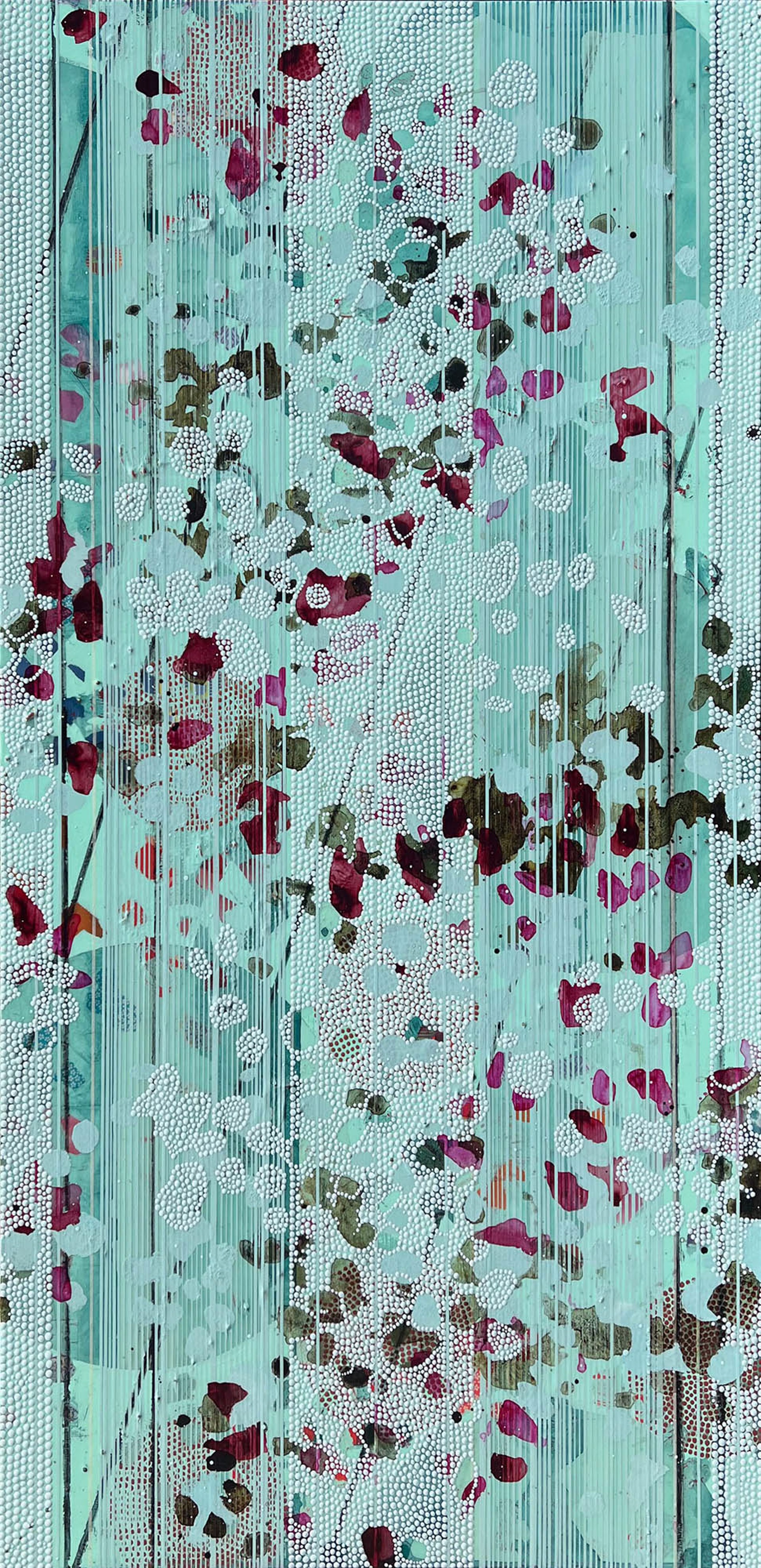 Original Mixed Media Abstract Painting Featuring Botanical Motifs Circular Overlays And A Blue Textured Background