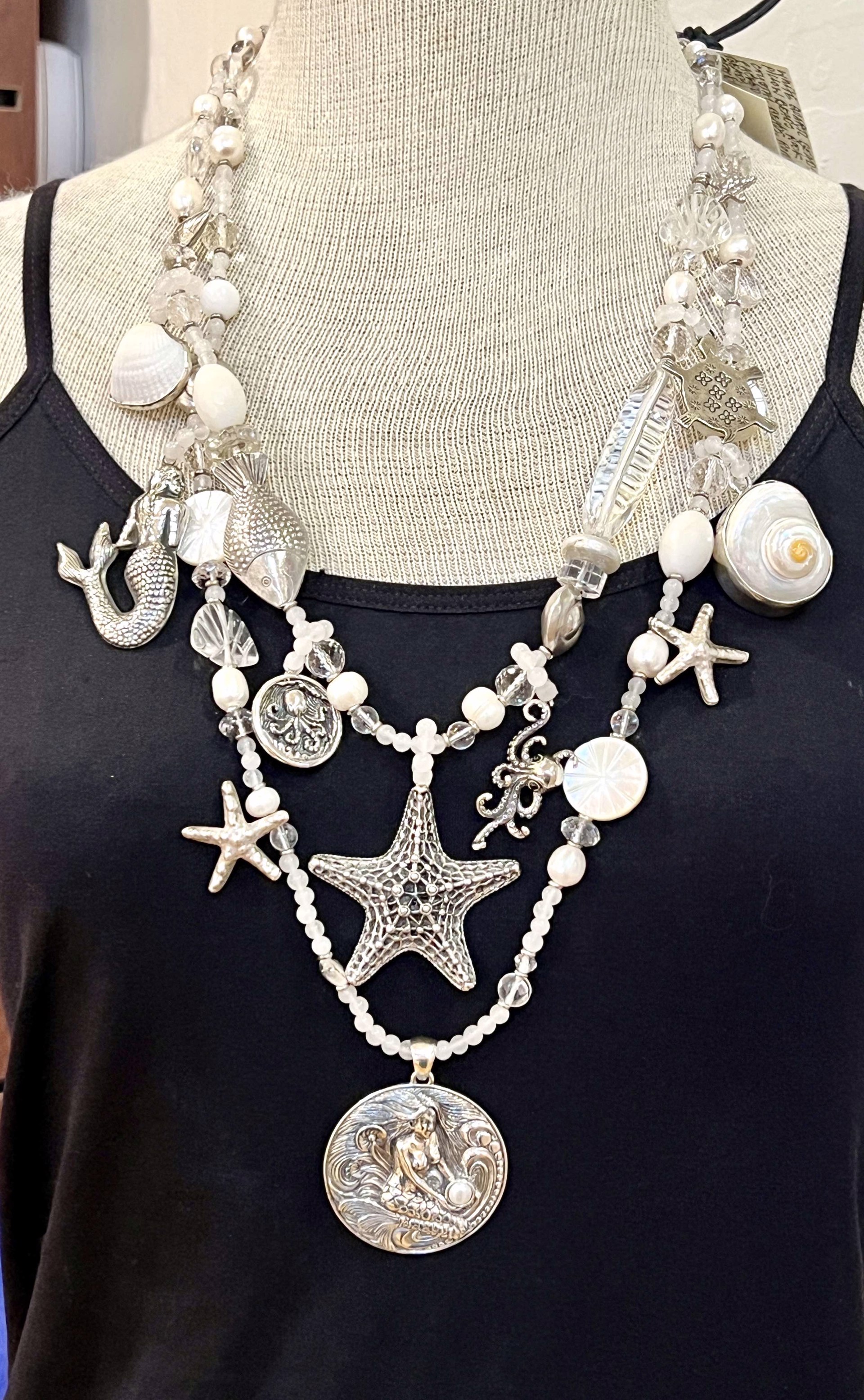 KY 1505 - Two Strand Rock Crystal and Pearl Sea Creatures Necklace by Kim Yubeta