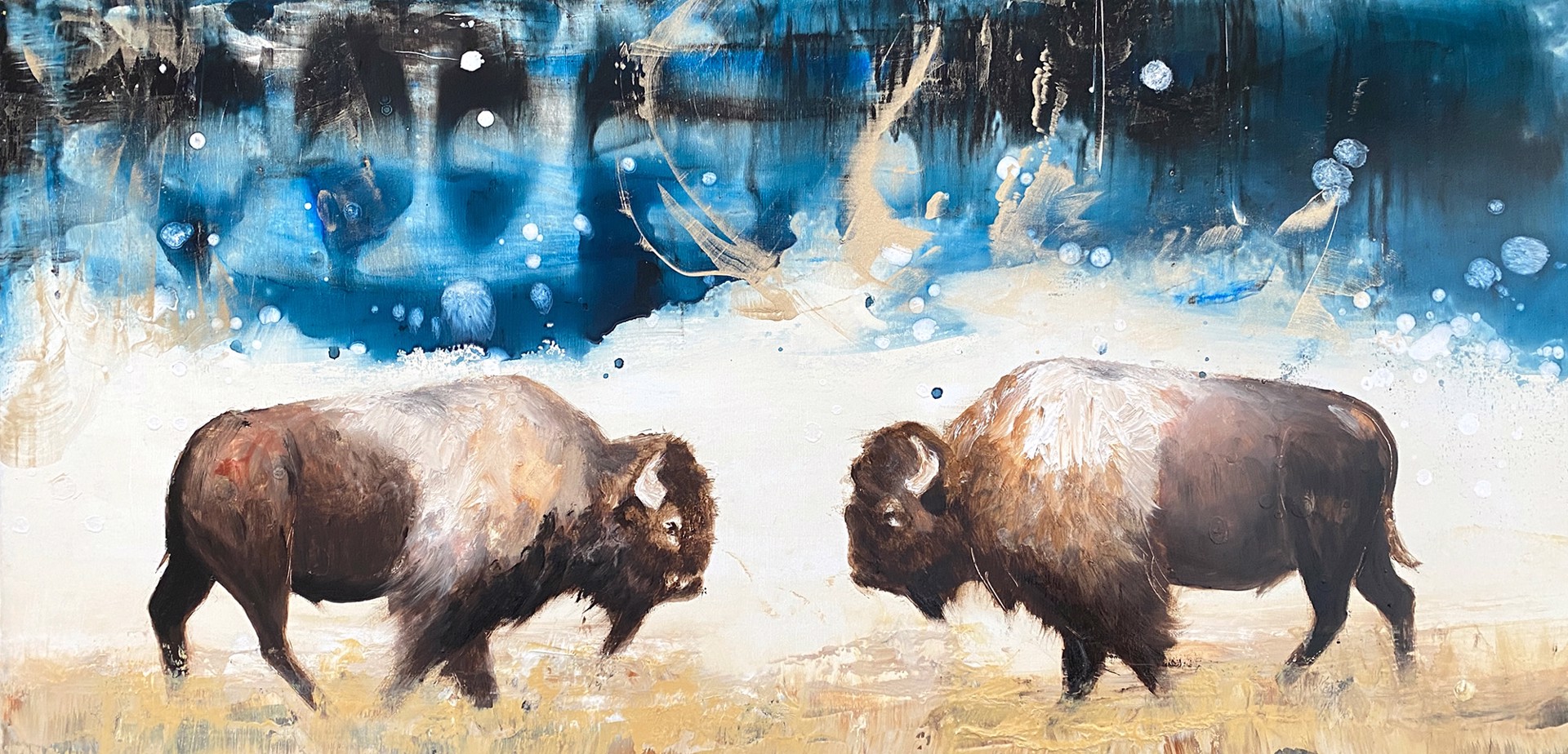 Original Oil Painting By Jenna Von Benedikt Of Two Bison On Abstract Background