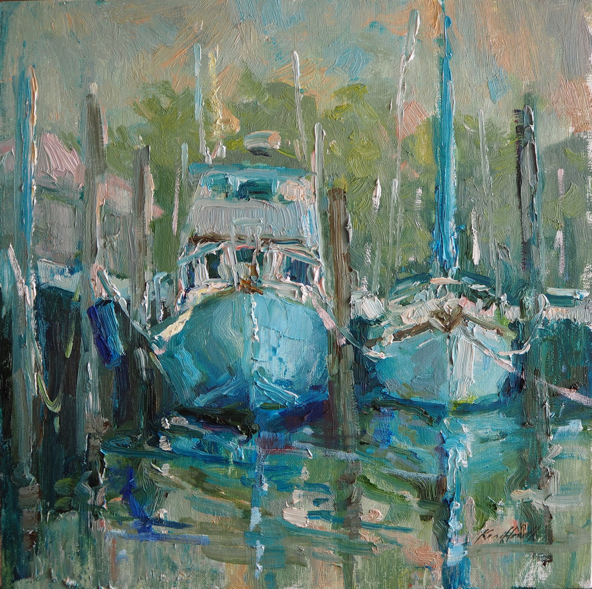 "Shrimper & Sailboat in the Keys" original oil painting by Karen Hewitt Hagan