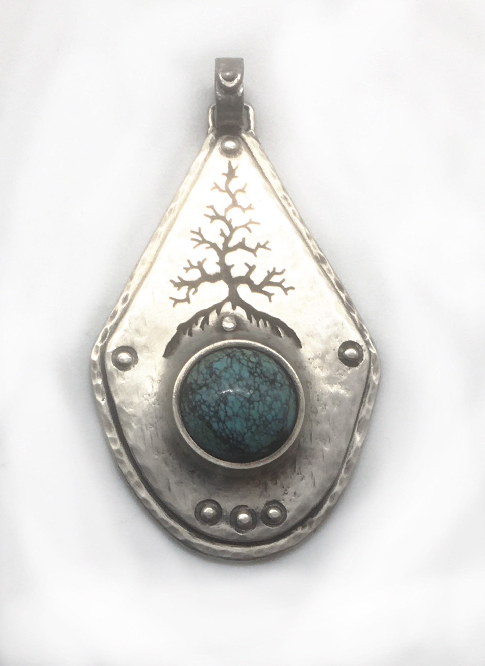 Handmade Silver and Turquoise Riveted Tree Pendant  by Grace Ashford