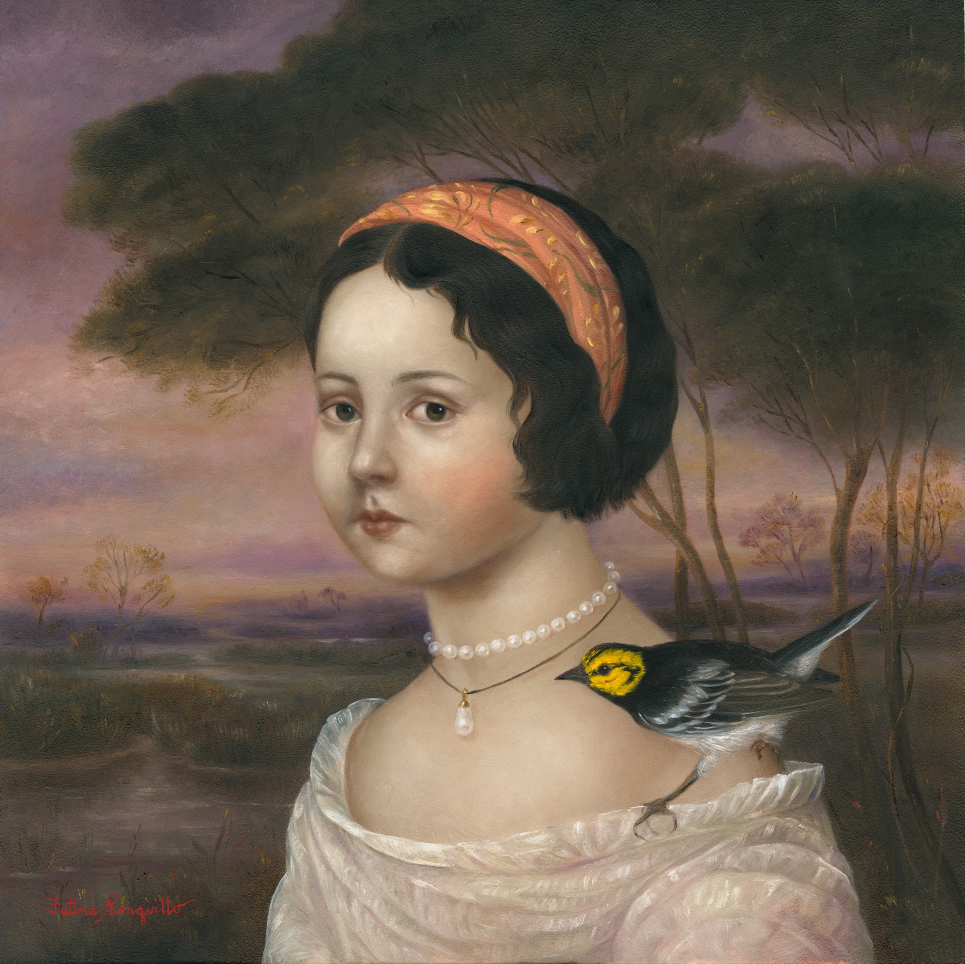 Girl with Golden-Cheeked Warbler at the Gloaming by Fatima Ronquillo