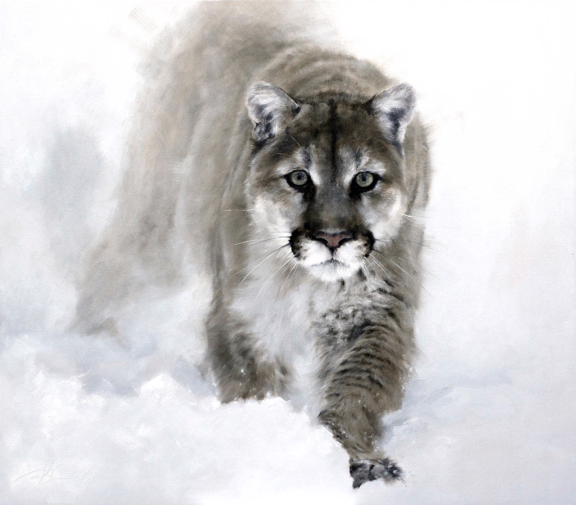 Original Oil Painting Featuring A Walking Mountain Lion Fading Into Snowy White Background