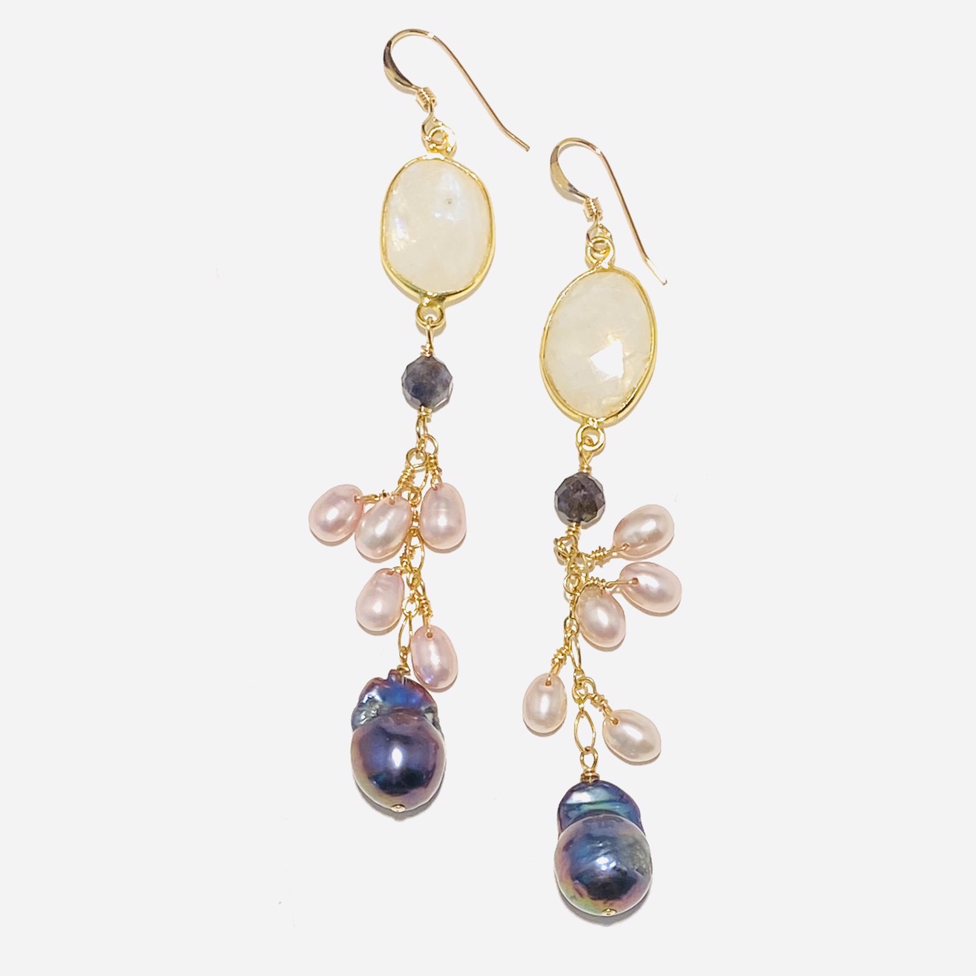 Baroque Peacock Pearl, Moonstone, Pink Pearl, Sapphire GF Earrings LR23-12 by Legare Riano