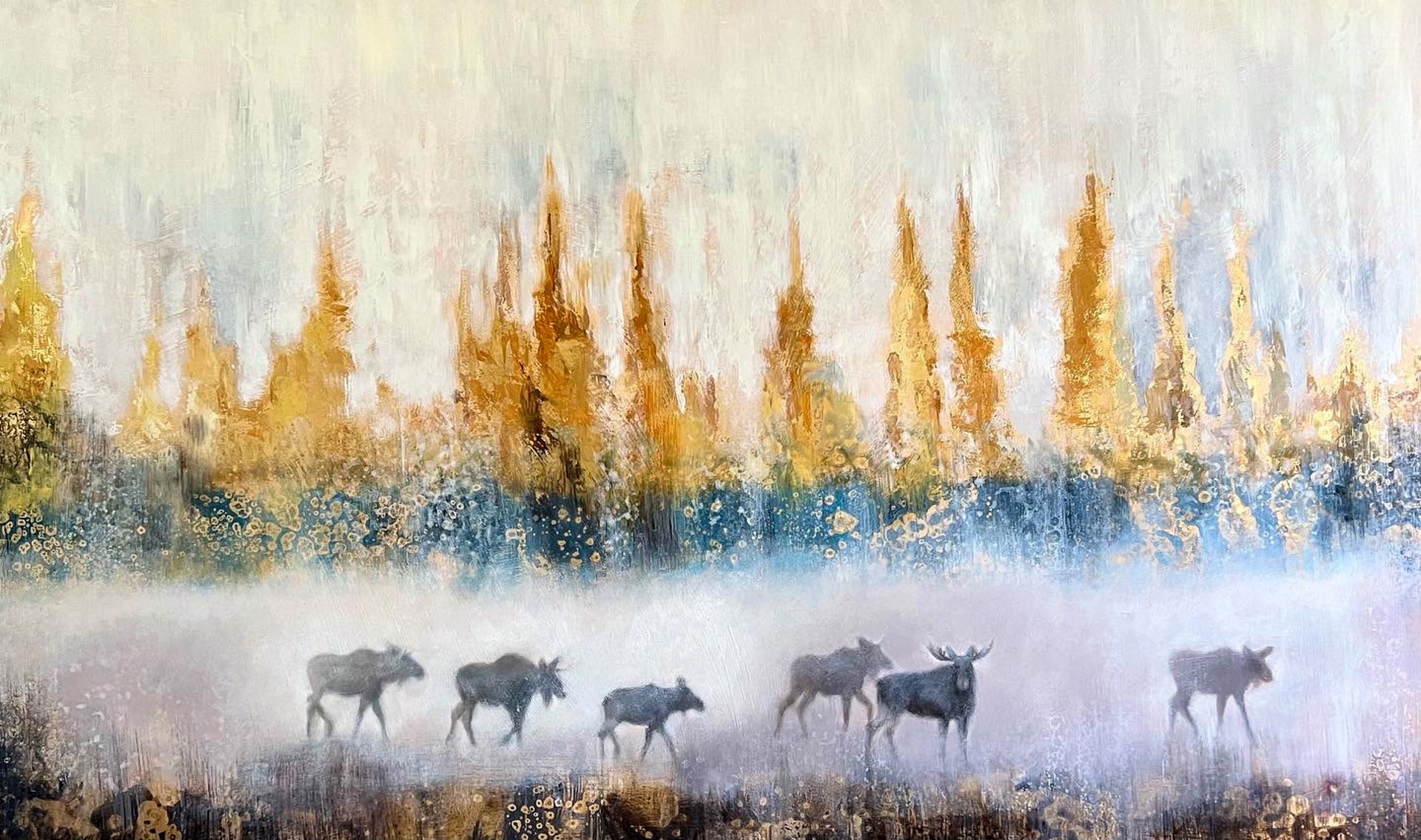 Original Mixed Media Painting By Nealy Riley Featuring Moose Herd Over Abstract Background