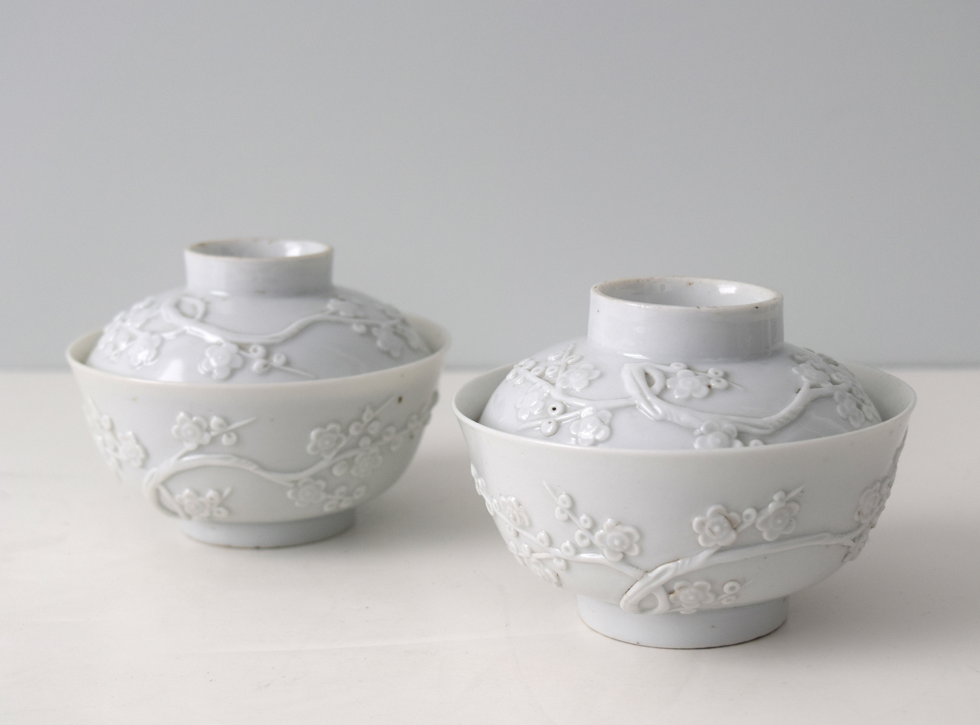 PAIR OF BLANC-DE-CHINE BOWLS AND COVERS WITH MOLDED PRUNUS BLOSSOMS