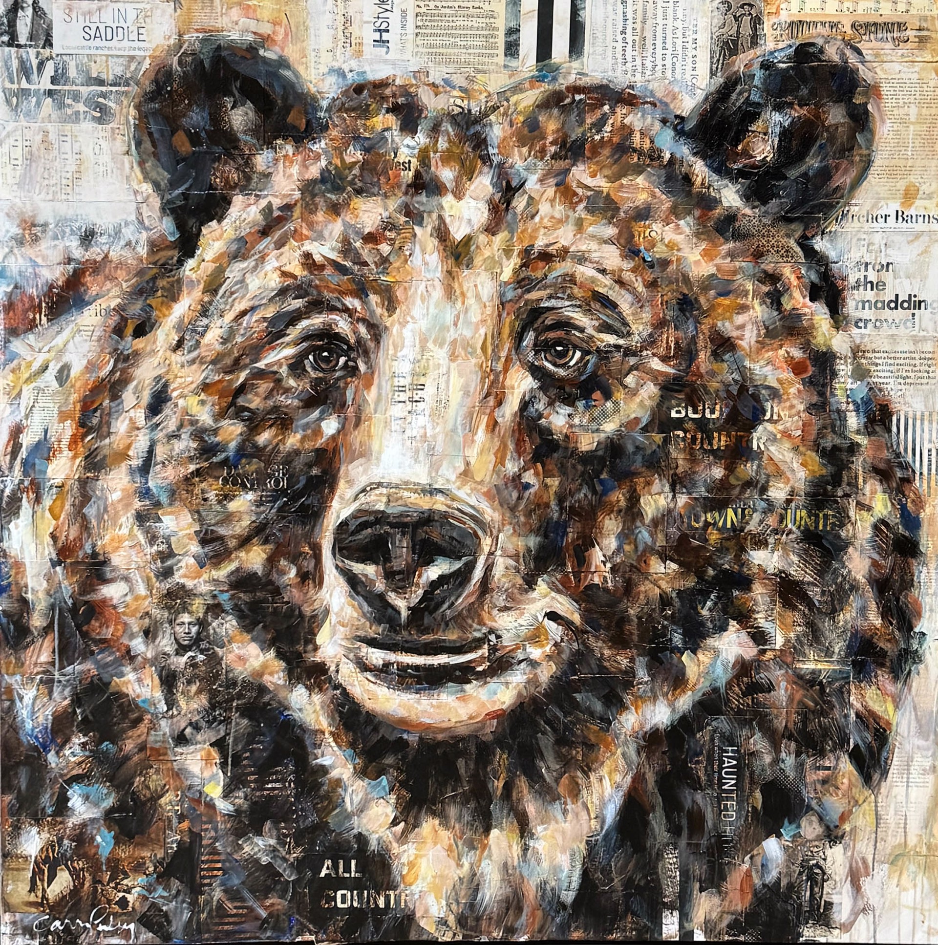 Original Acrylic and Collage Painting By Carrie Penley Featuring A Grizzly Bear