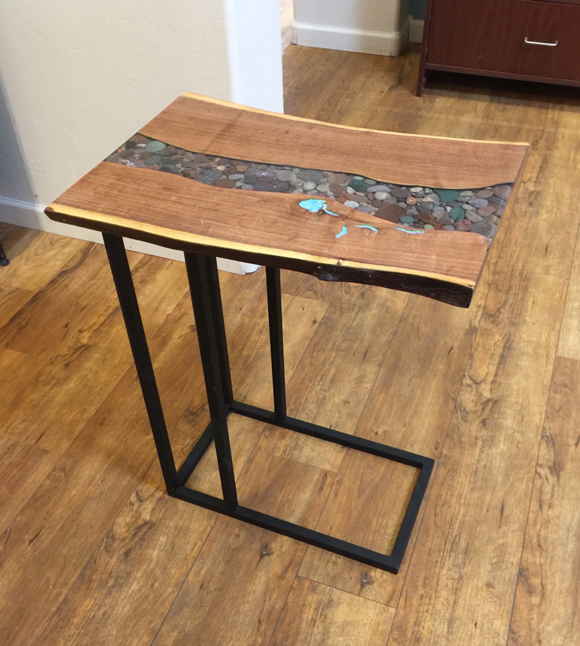 C Table with River Rock  & Turquoise Inlay - Assorted Styles by TreeStump Woodcraft