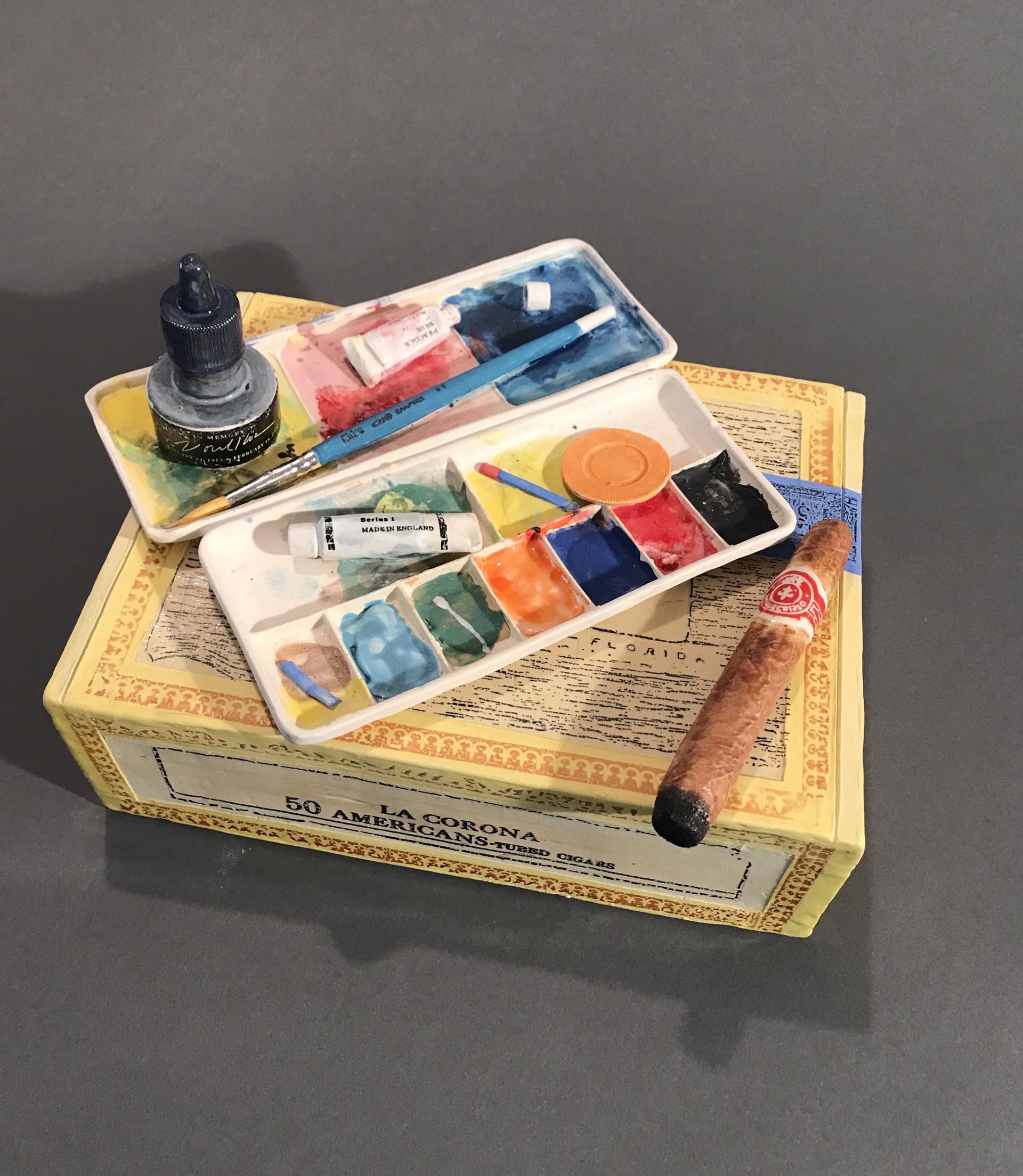 Corona Cigar Box with Watercolor Tray and Cold Cigar by Richard Shaw
