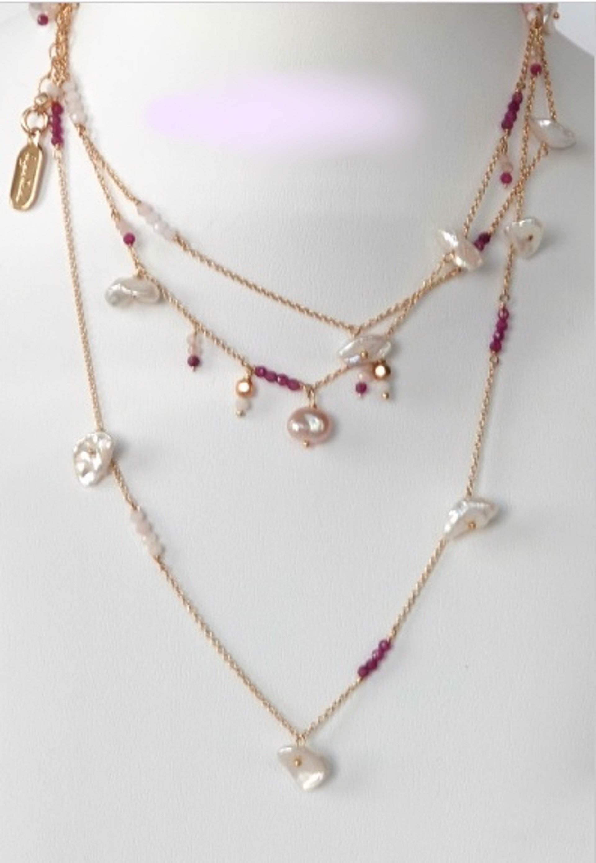 Freshwater Pearl, Ruby and Moonstone drops on long chain by Christine Renau
