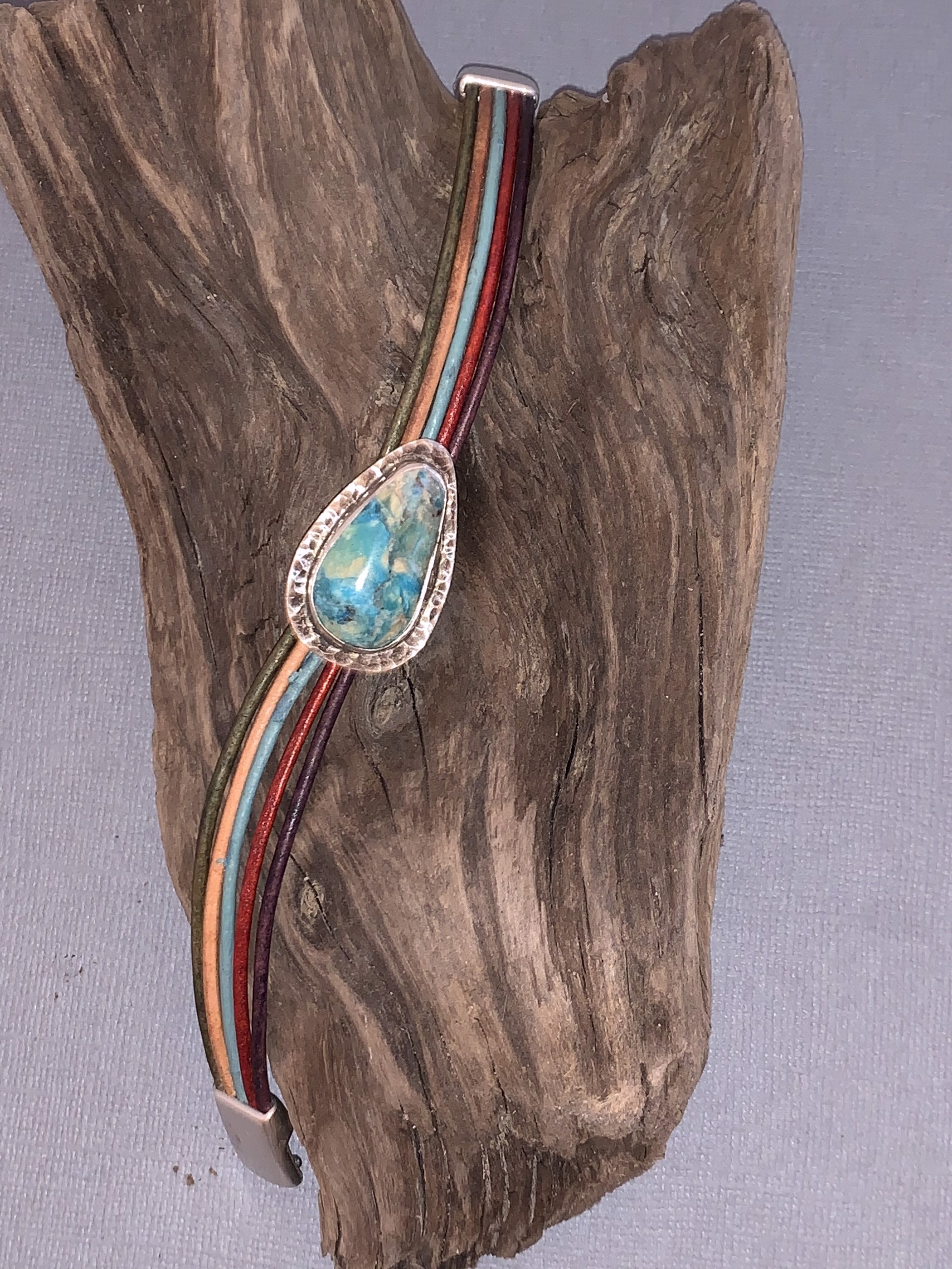 Bracelet - Sonoran Turquoise, Sterling Silver, Multi-colored Leather With Magnetic Clasp  AS 060 by Amy Soldin