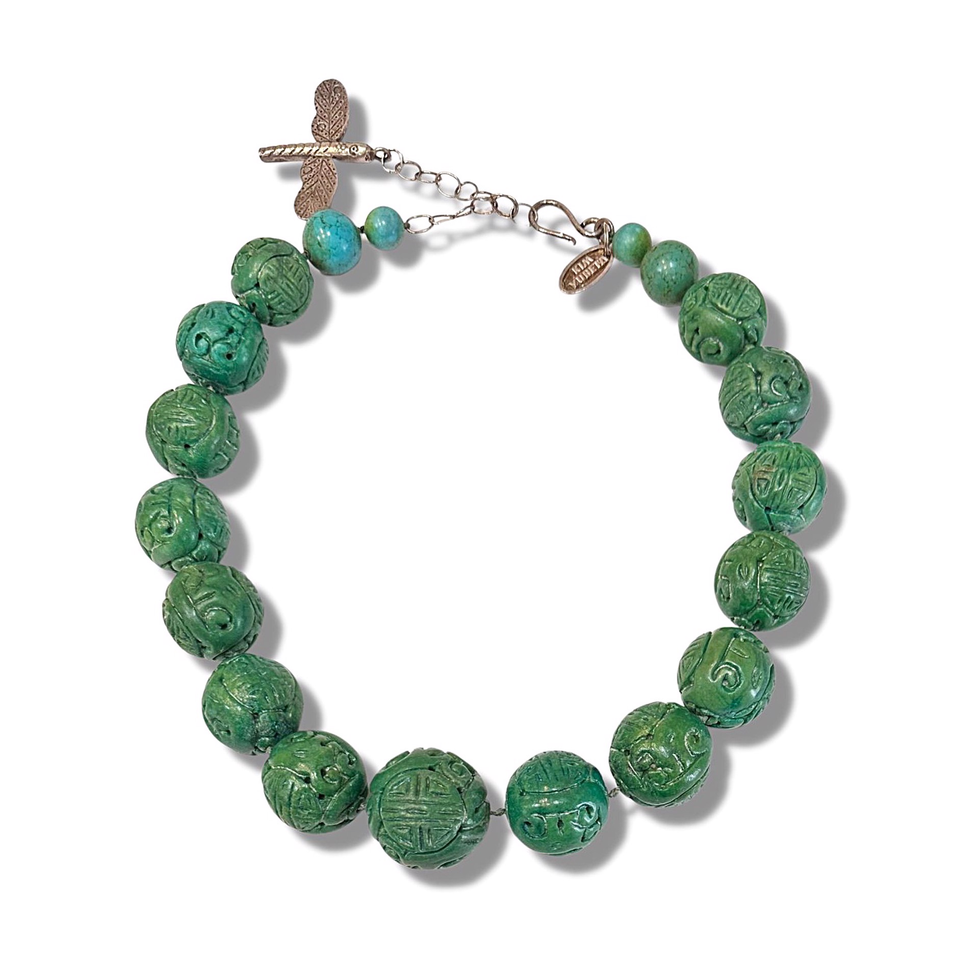 Necklace - Carved Turquoise Beads with Sterling Clasp #60 by Kim Yubeta
