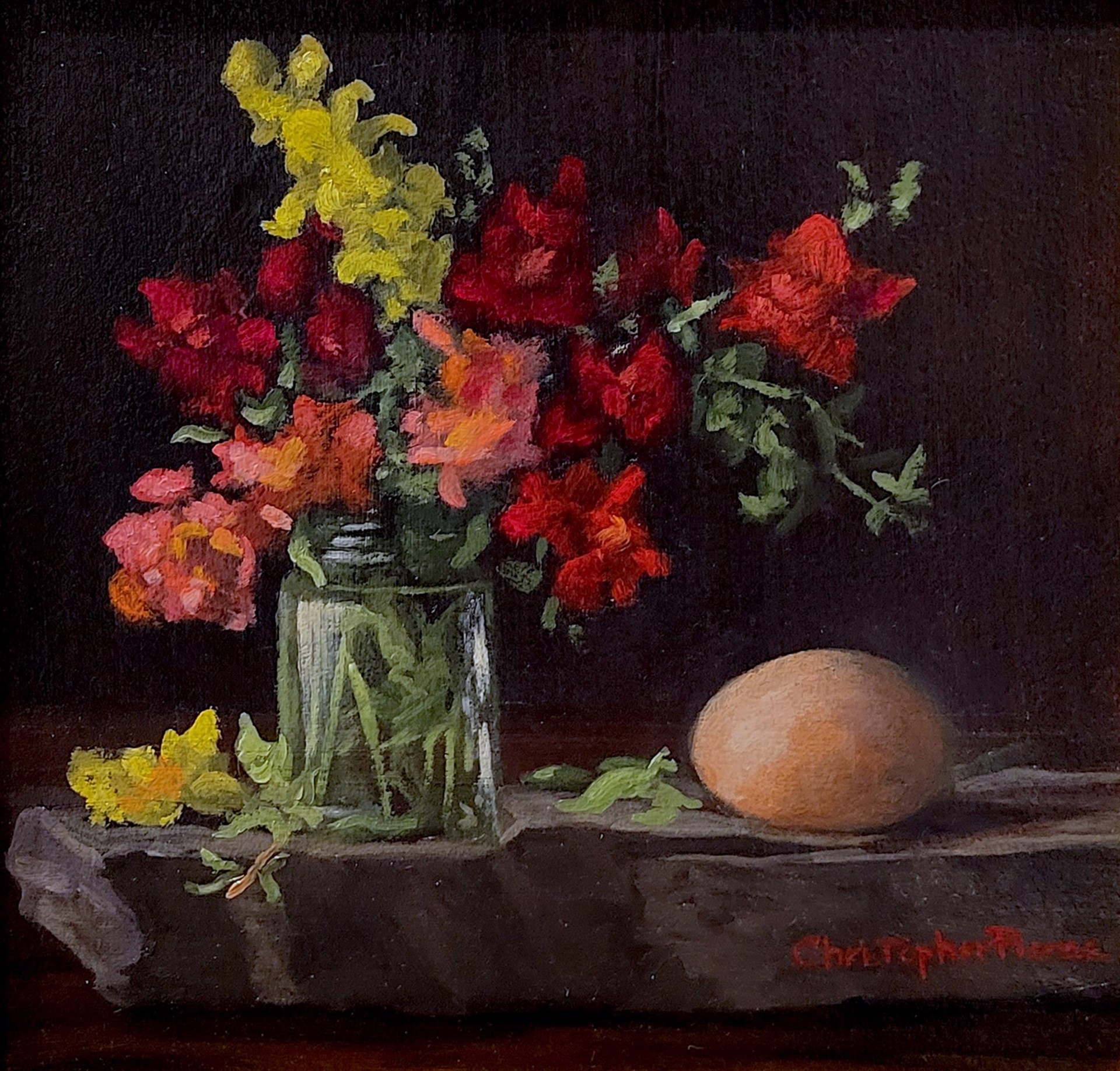 Snapdragons and Egg by Christopher Pierce