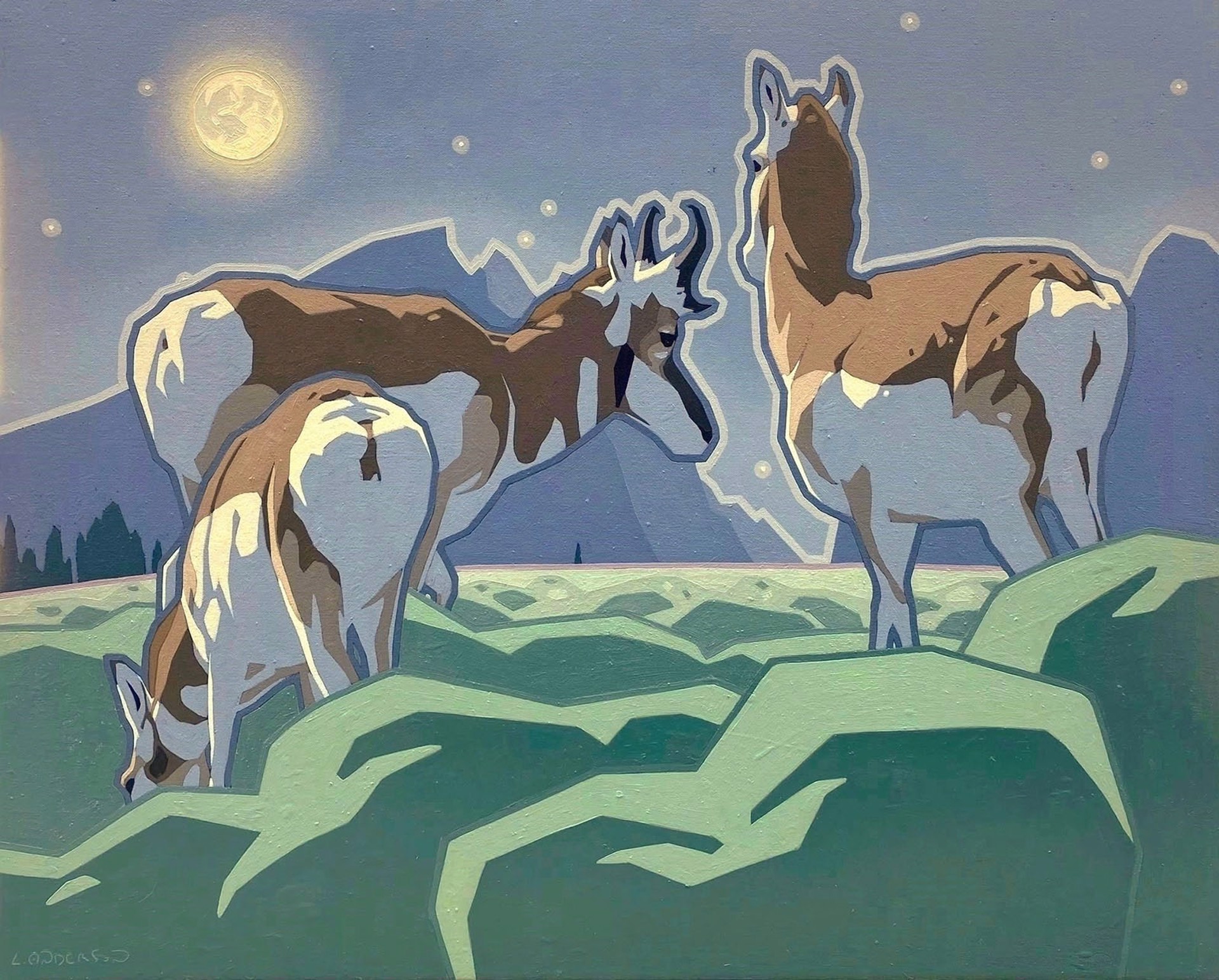 Original Oil Painting By Luke Anderson Featuring Three Pronghorn Antelope On Night Mountain Landscape