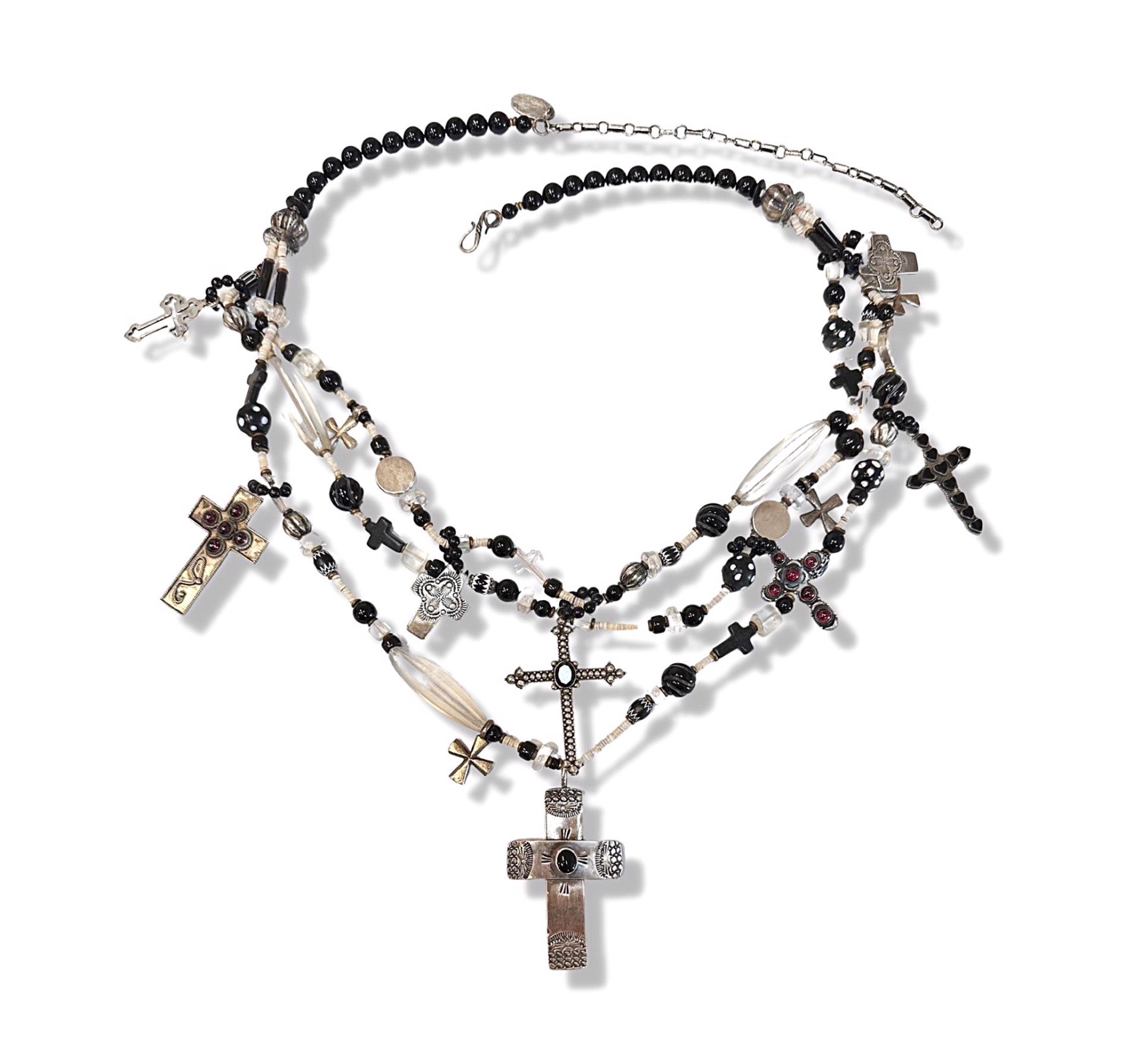 KY 271 - 3 Strand Onyx, Garnet, Rock Crystal and Oyster Shell Cross Necklace by Kim Yubeta
