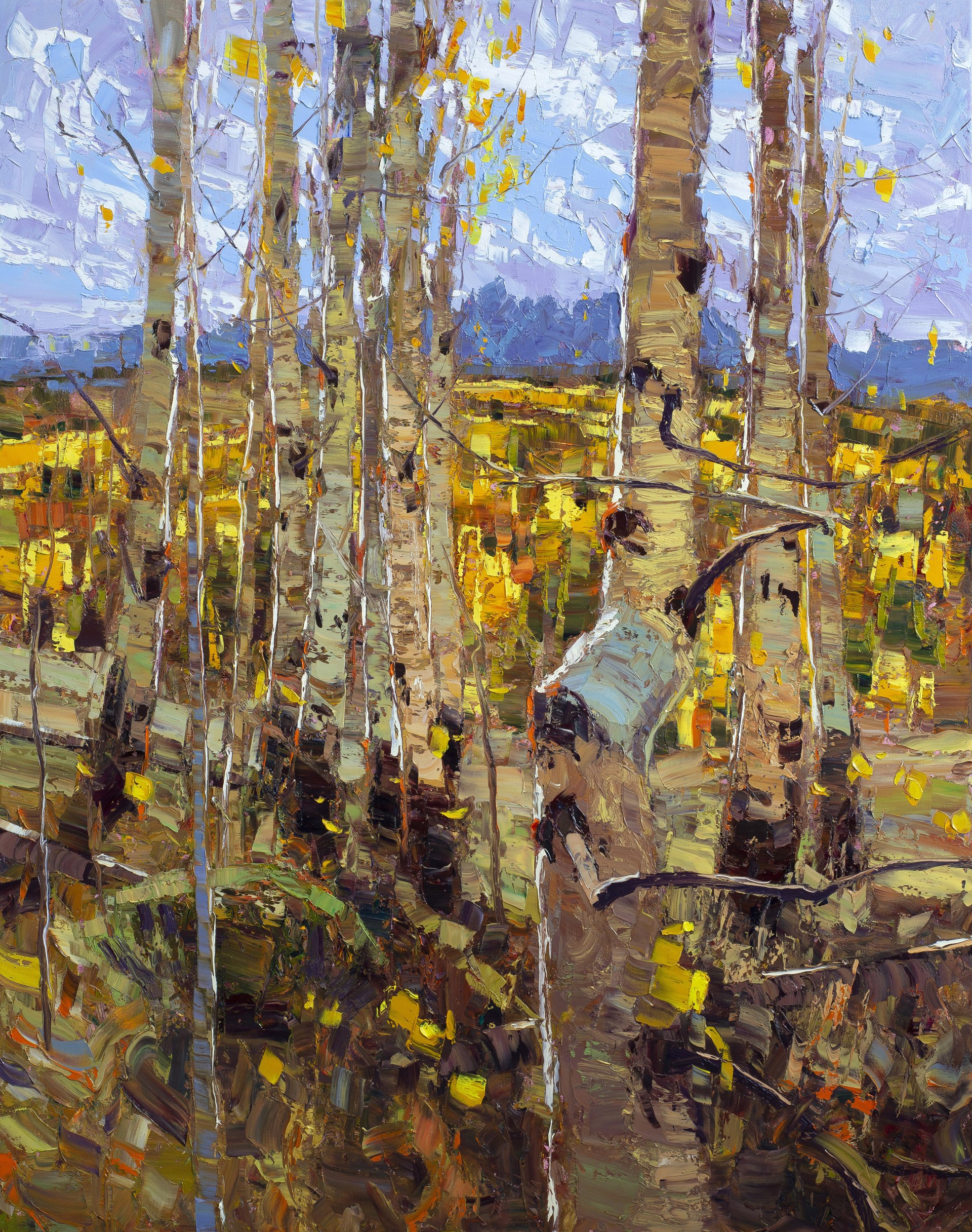 Original Landscape Painting Featuring Crooked Aspen Trees With Purple Mountains In The Distance