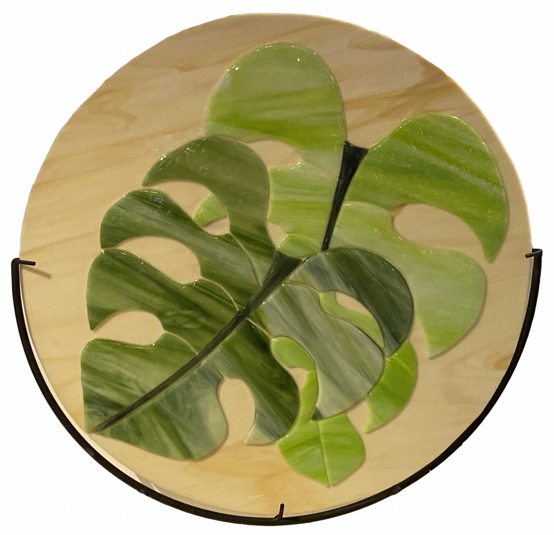 Round Fused Glass Monstera Design With Stand by Joe Dwight
