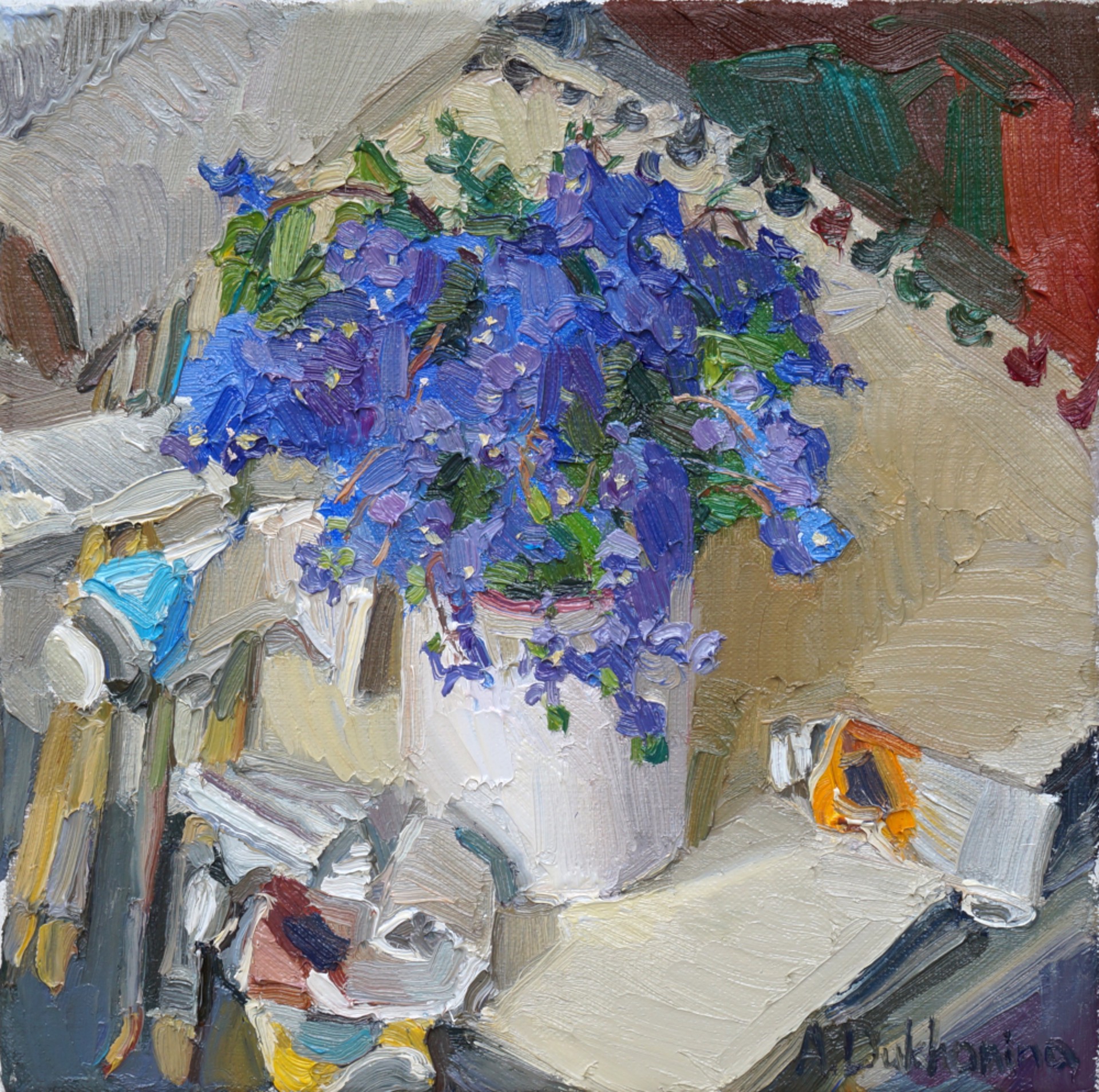 "Blue Flowers in the Studio" original oil painting by Anastasia Dukhanina