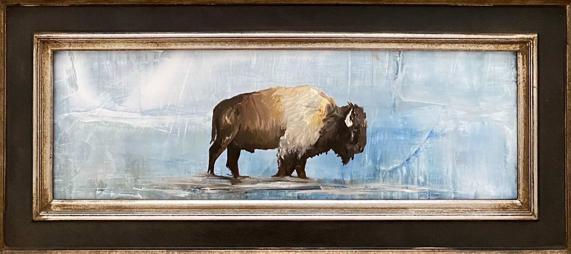 Original Oil Painting Of A Walking Bison With A Blue Contemporary Background