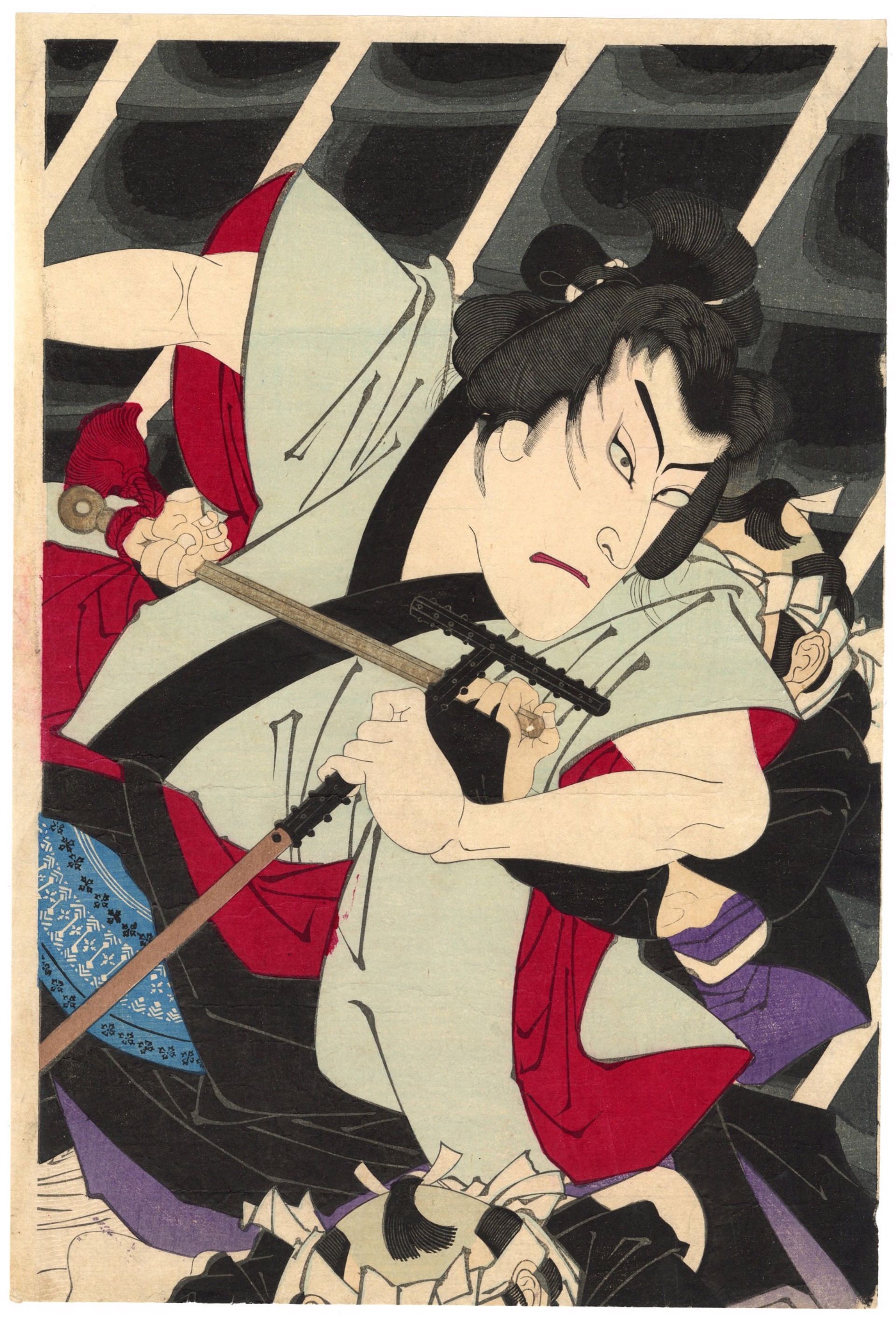 Onoe Kikugoro V as the Thief Benten Kozo Kikunosuke Attempting to Fight off Guards on the Roof of the Gokuraku-ji by Kunichika