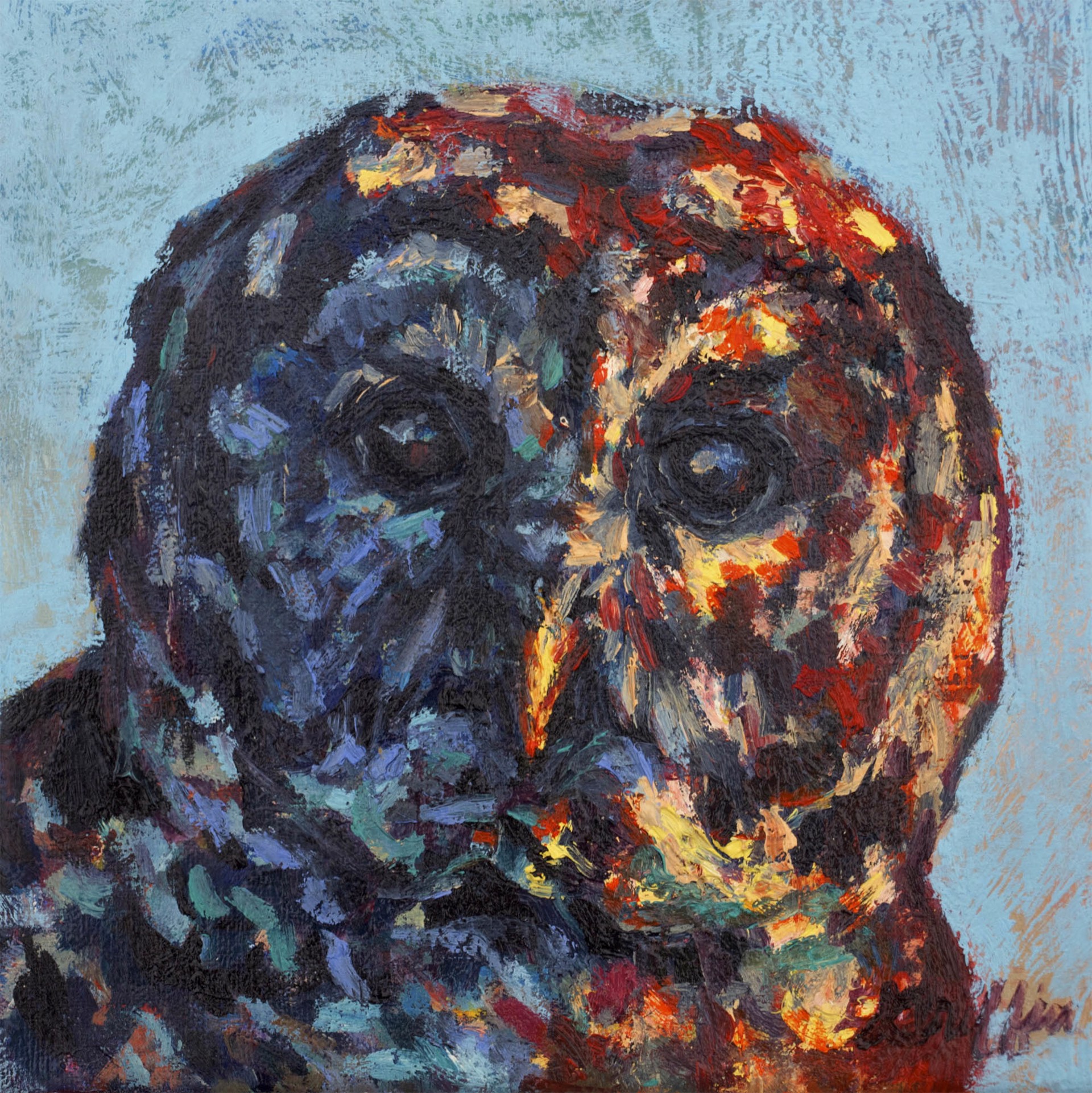 Original Oil Painting Featuring An Owl Face On Blue Background