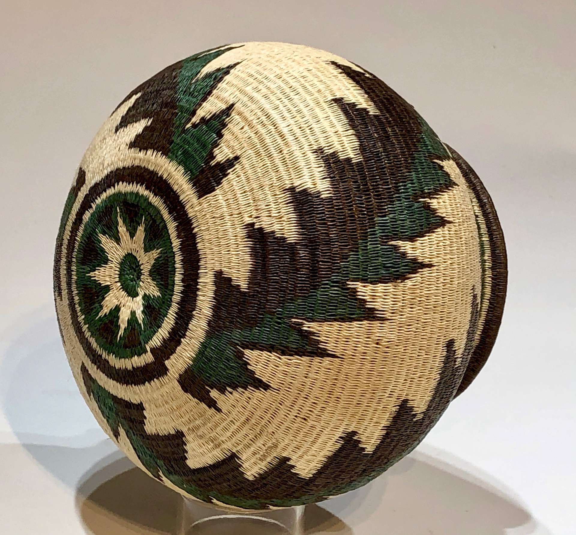 Green, white and black Feather Basket (2040) by Wounaan & Embera Panama Rainforest Baskets Wounaan