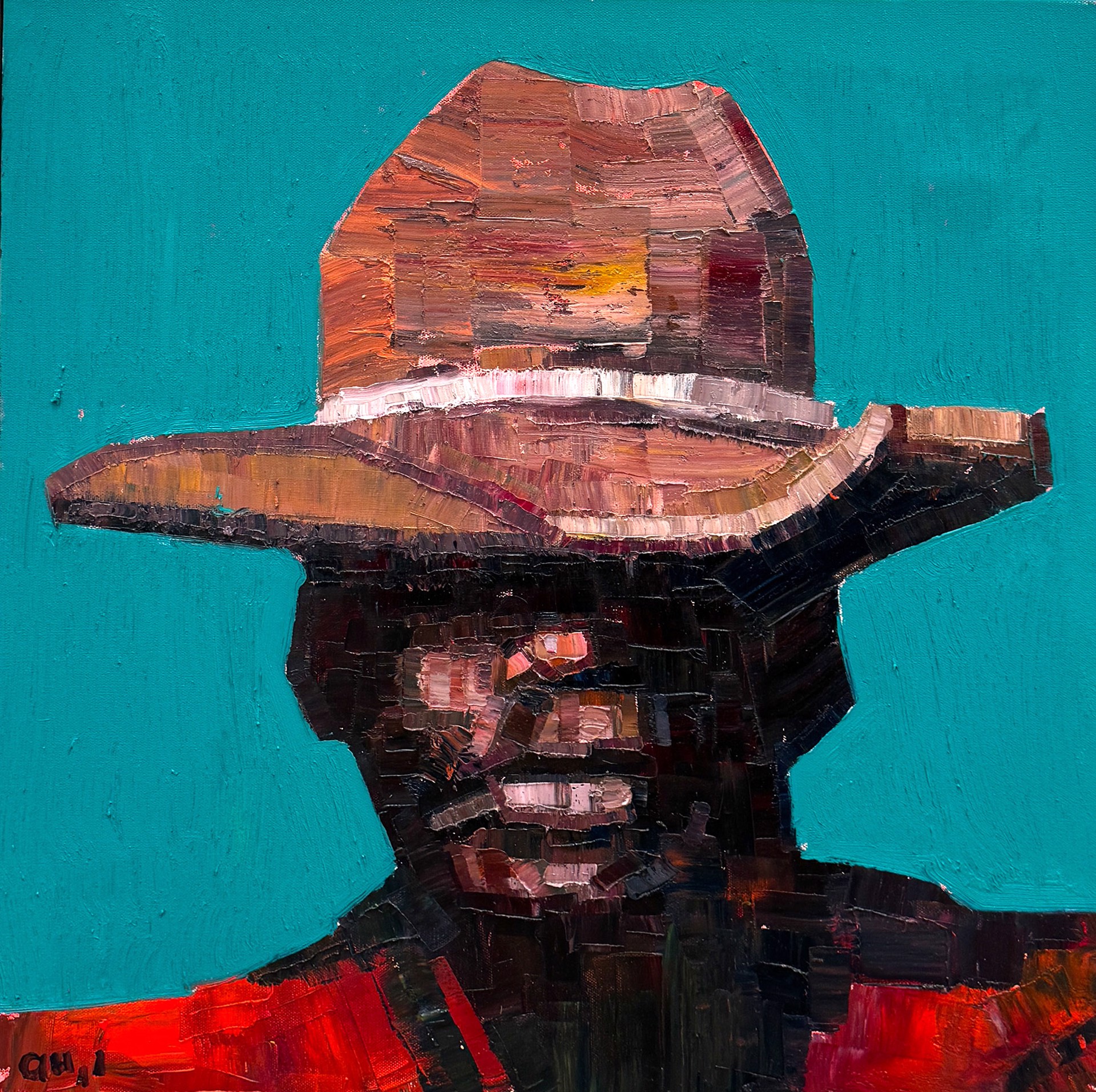 Original Oil Painting By Aaron Hazel Featuring A Portrait Of A Cattleherd On Turquoise  Background