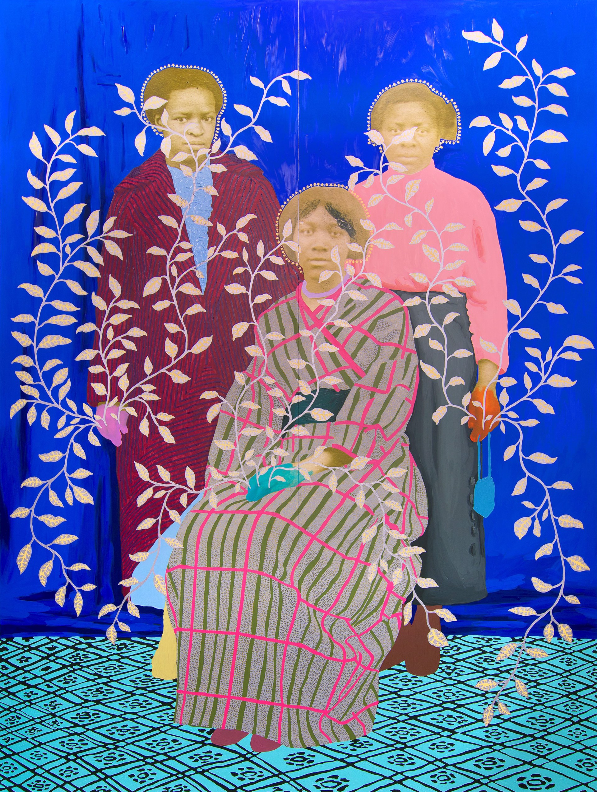 Untitled (Three Women with Blue Curtain and Silver and Yellow Leaves) by Daisy Patton
