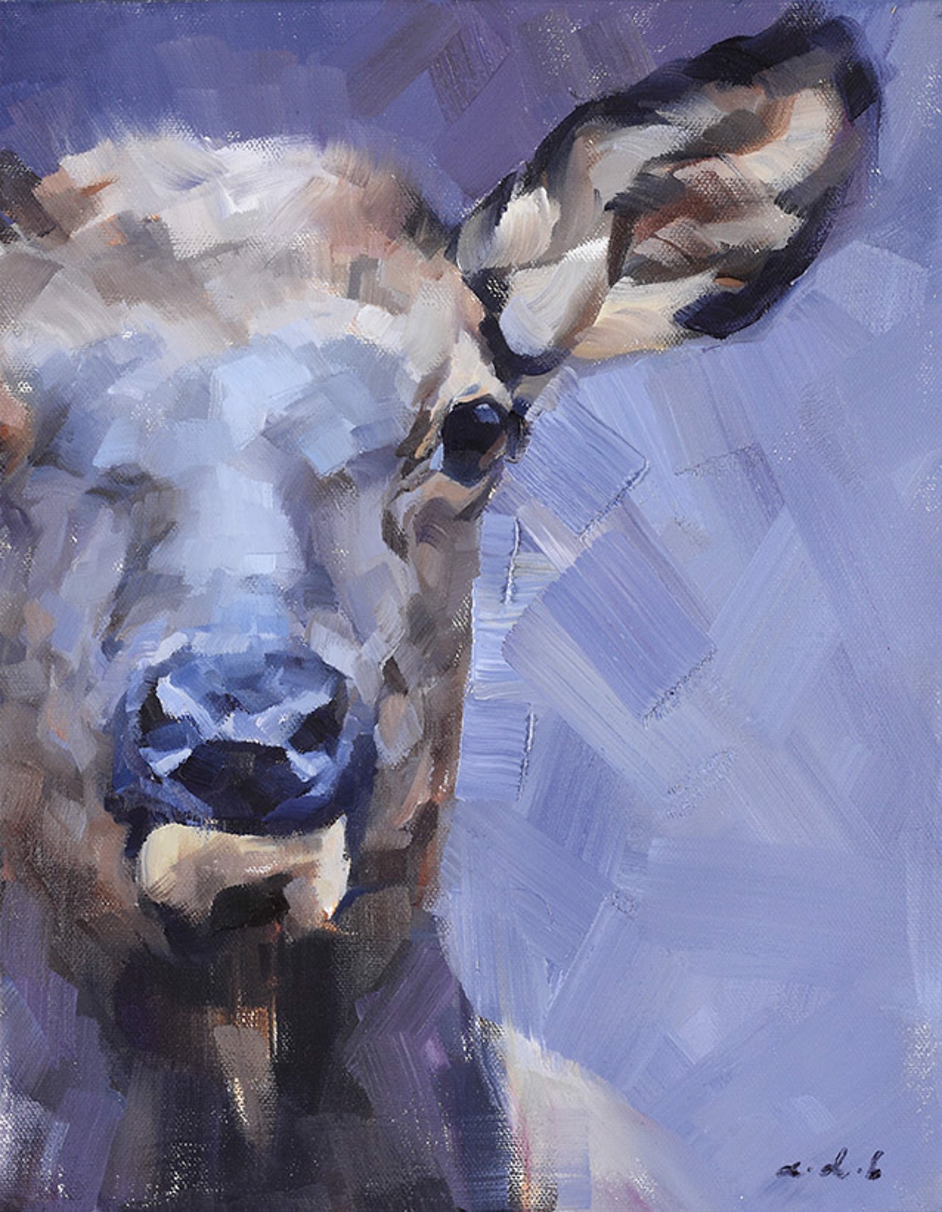 A Contemporary Oil Painting Of An Elk Face Portrait Abstract View Of Partial Face With A Purple And Blue Background, By Amber Blazina, Available At Gallery Wild
