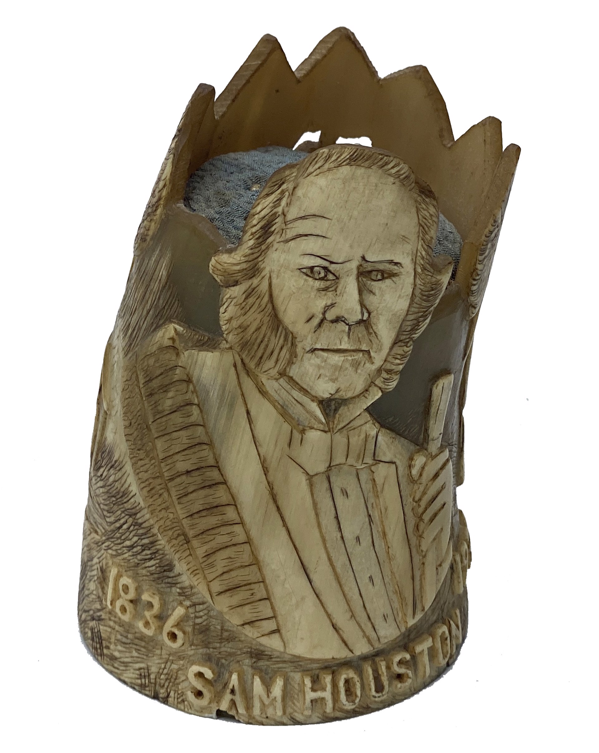 DS-18: carved centennial pin cushion holder (with portrait of Sam Houston, covered wagon, homestead, ox, trees) by Dan Super