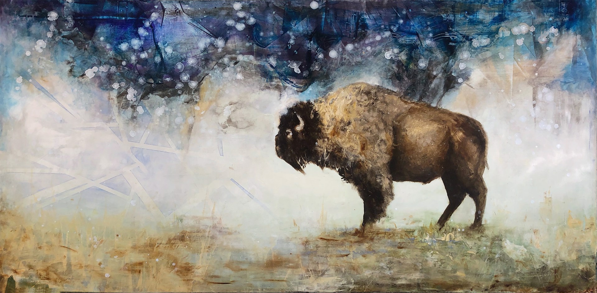 Original Oil Painting Of A Solo Bison With An Abstract Purple Blue Cream Patterned Background, By Patricia Griffin