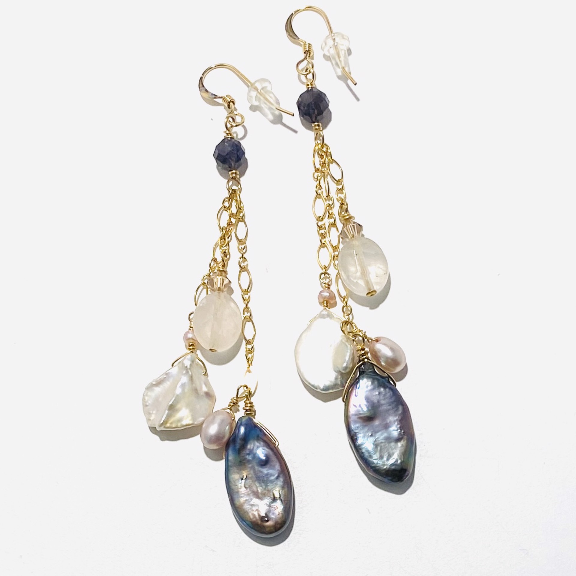 Peacock Drop Pearl, Rose Quartz, Sapphire Earrings LR23-01 by Legare Riano