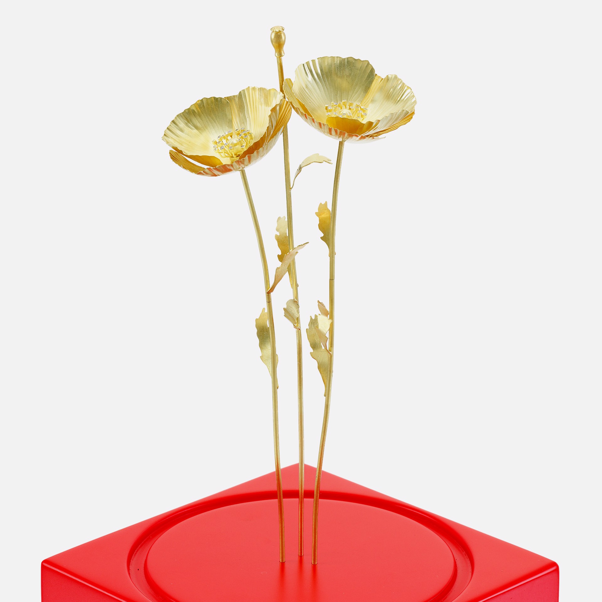 Poppy Sculpture Detachable Gold and Diamond Earrings/Pins by Christopher Thompson Royds