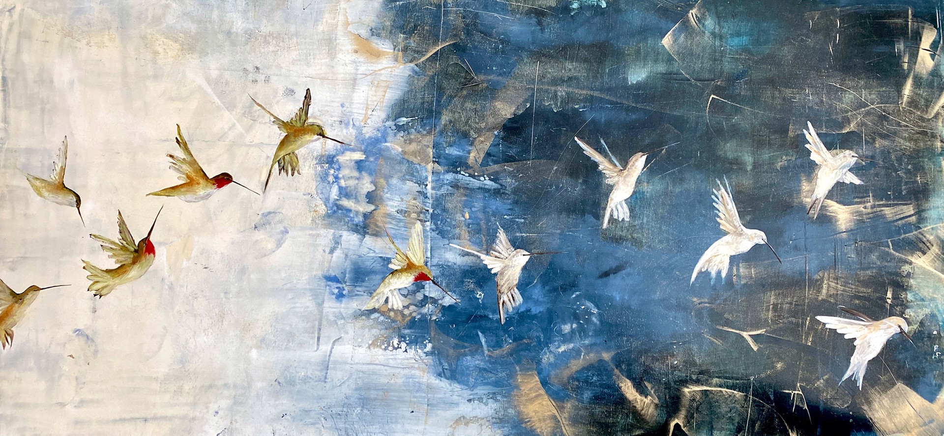 Original Oil Painting By Jenna Von Benedikt White And Blue Hummingbirds