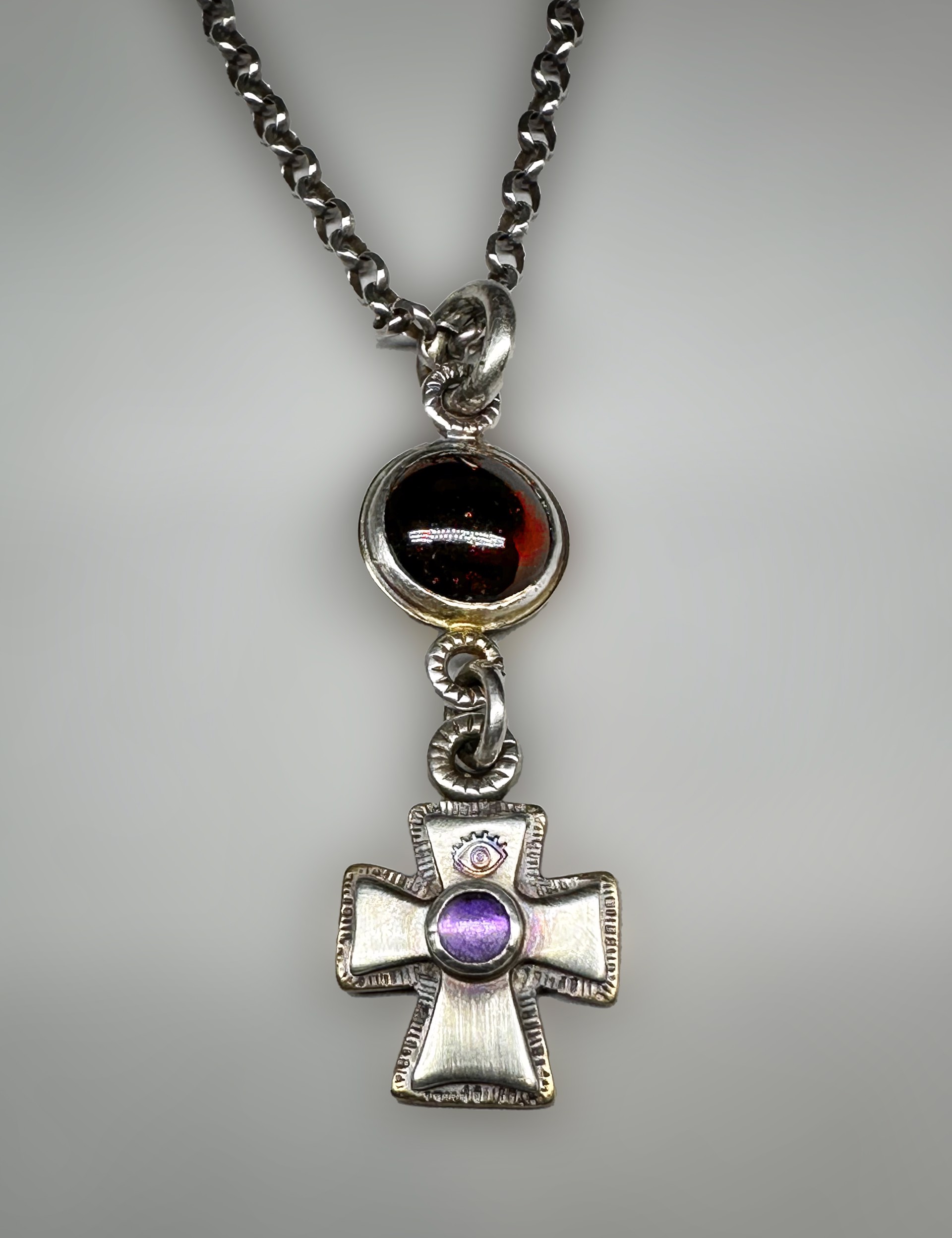 Sterling Silver Iron Cross Pendant with Garnet by Tabor Porter