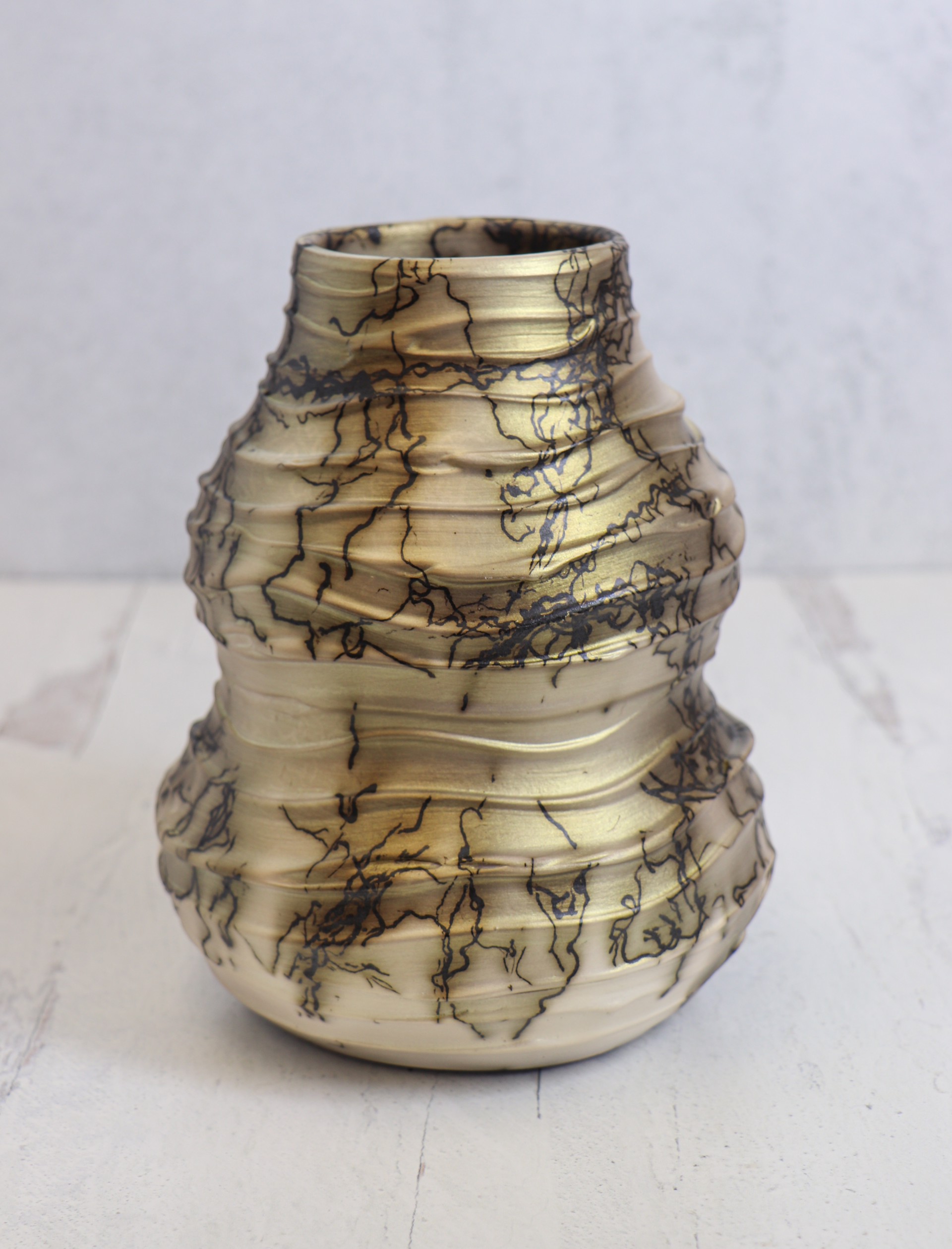 Gold Mica Horsehair Pottery Curvy Vase with Wavy Slip by Caroline Renée Woolard