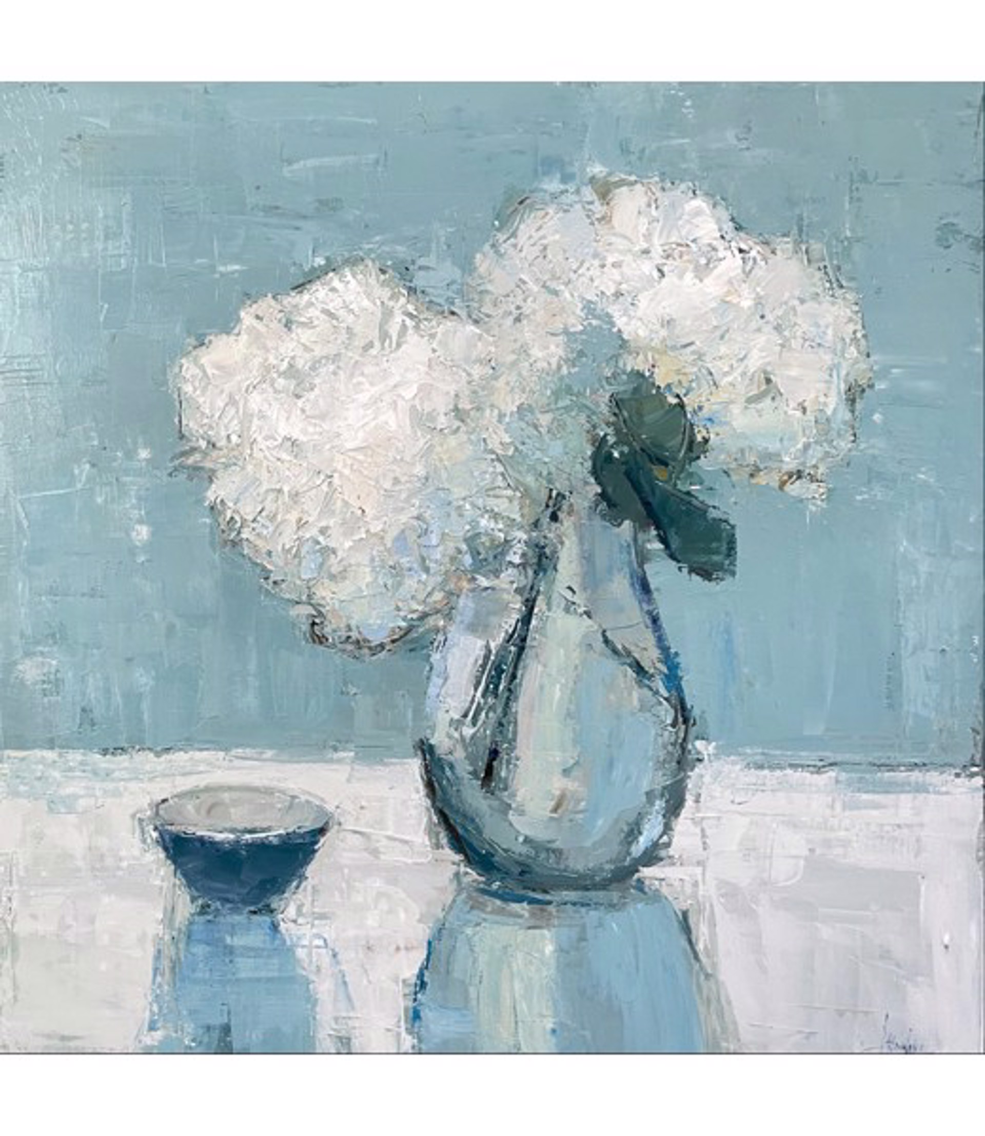 White Hydrangeas And Blue Bowl by Barbara Flowers