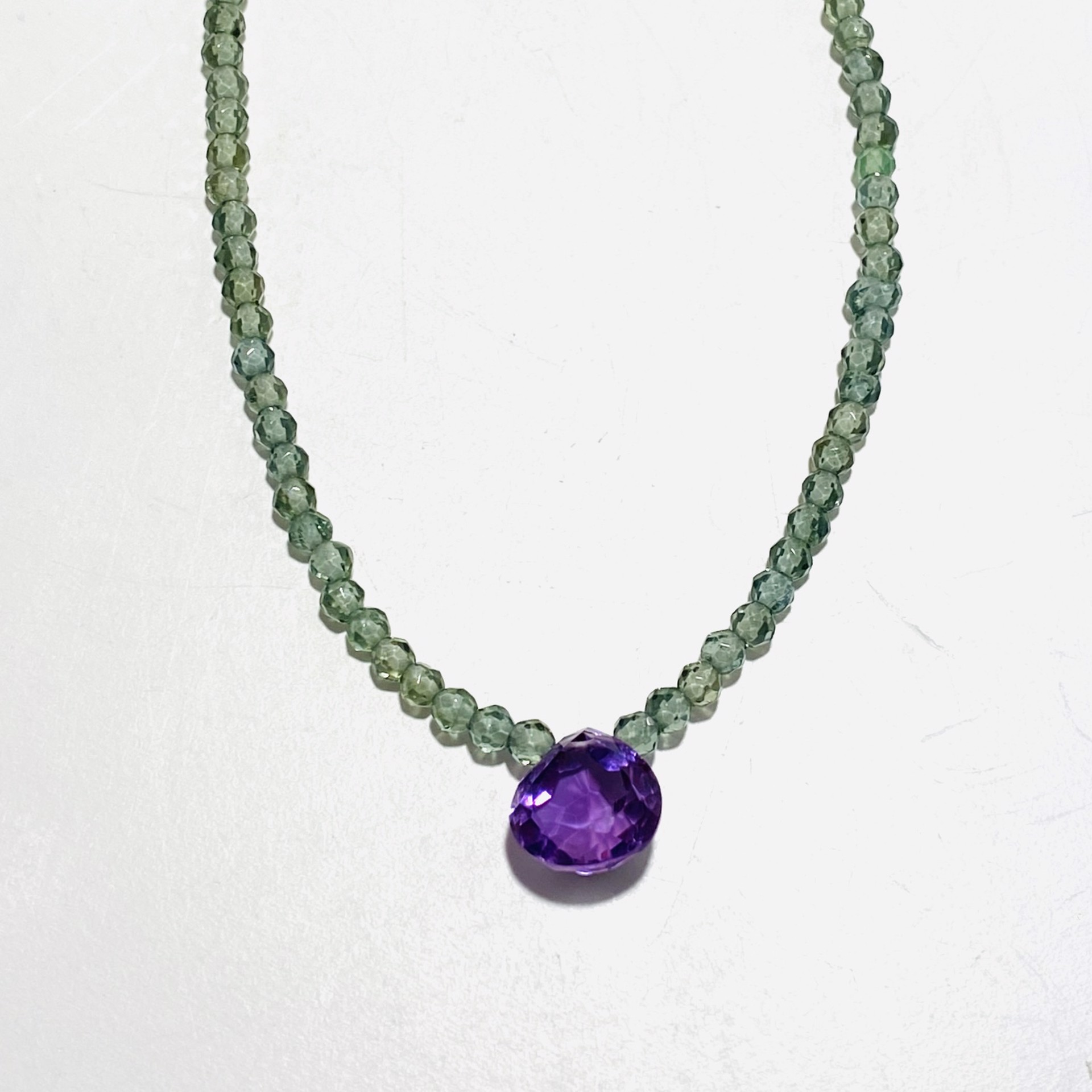 NT23-46 Faceted Tiny Green Apatite Fancy Cut Amethyst Focal Necklace by Nance Trueworthy