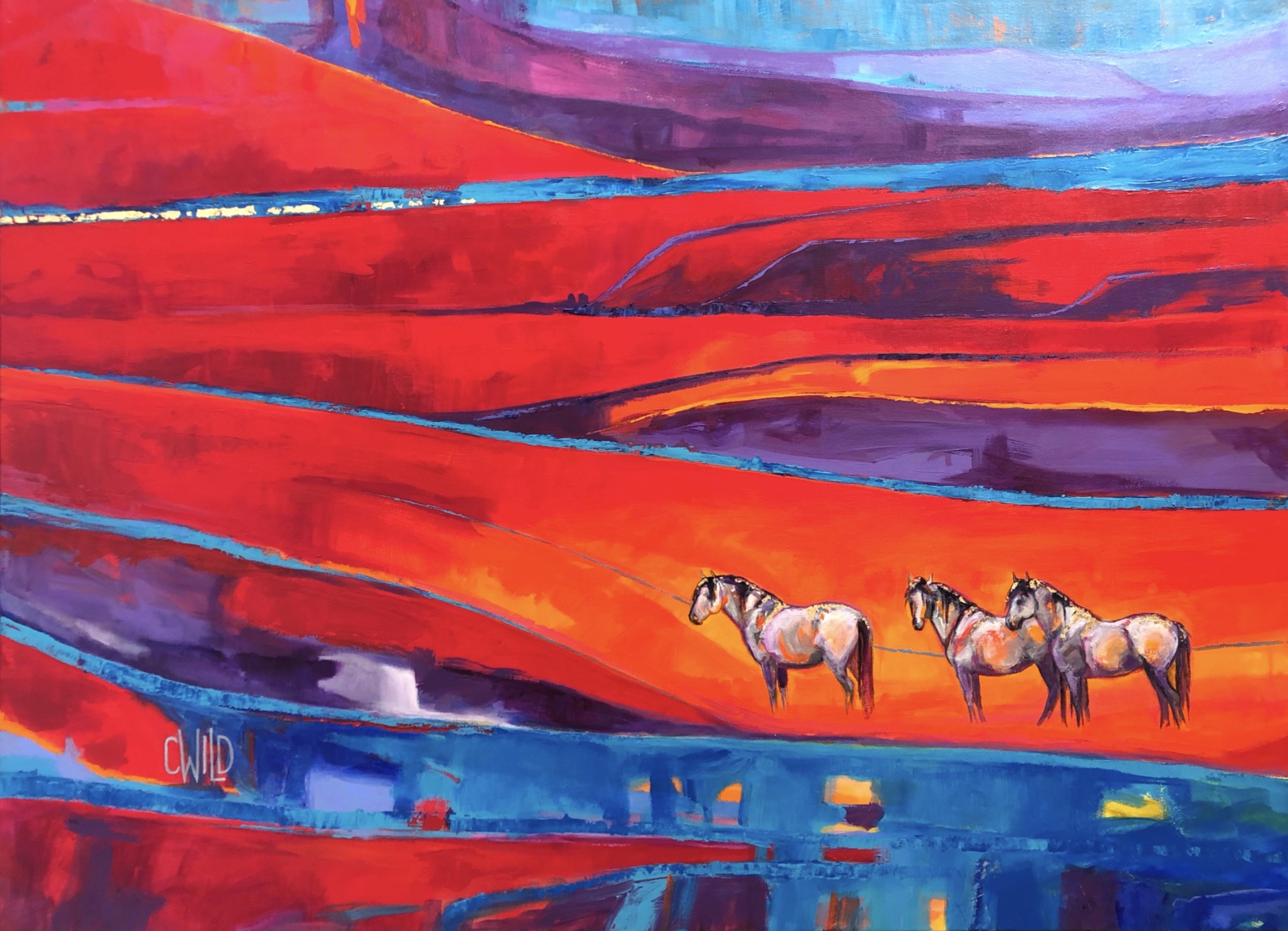 Colorful Acrylic And Gold Leaf Painting Consisting Of Wild Grey Horses With Red Blue And Purple Hills As The Landscape By Carrie Wild Available At Gallery Wild
