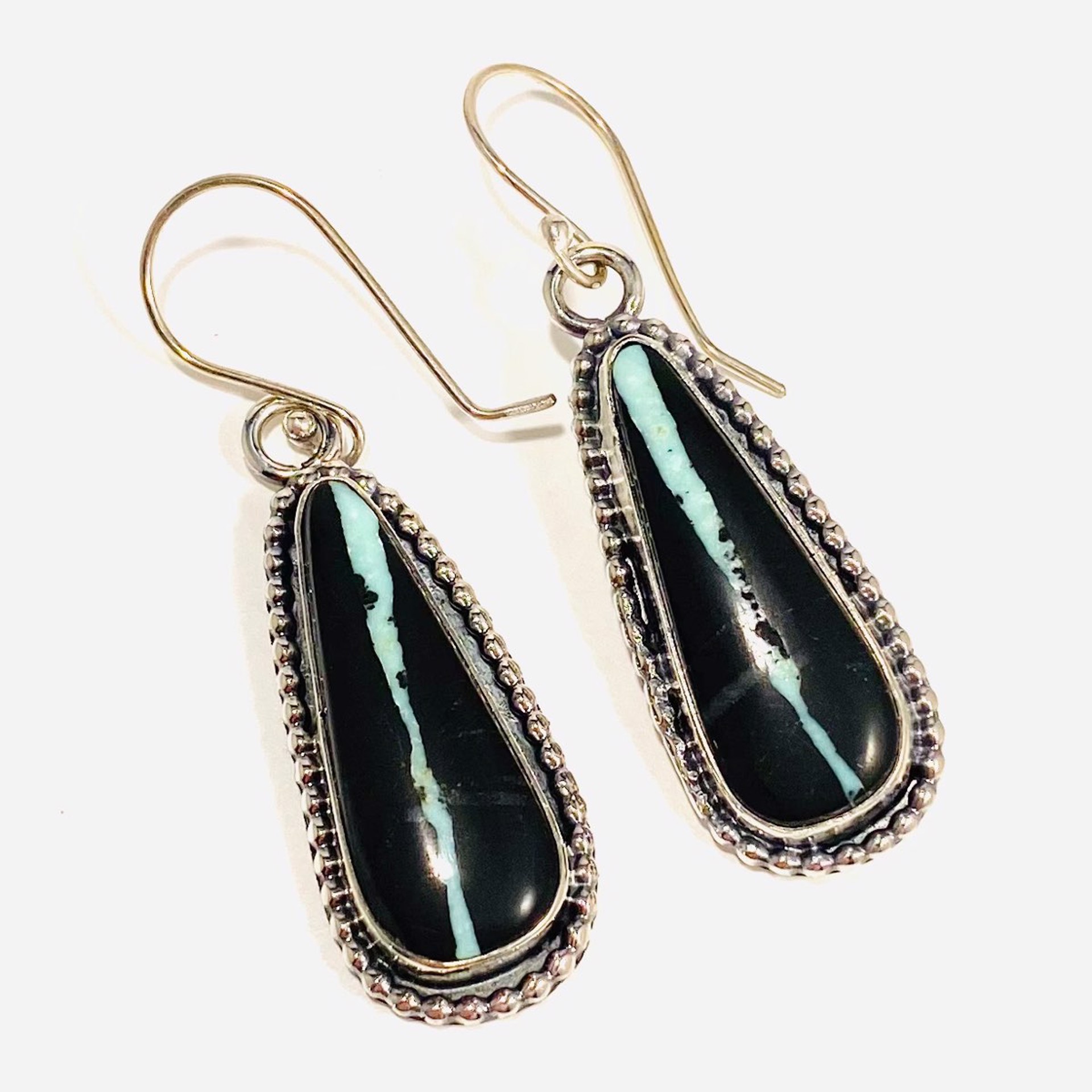 Thin Teardrop Black Buffalo Ribbon Turquoise Inlay with Bead Bezel Earrings AB22-51 by Anne Bivens
