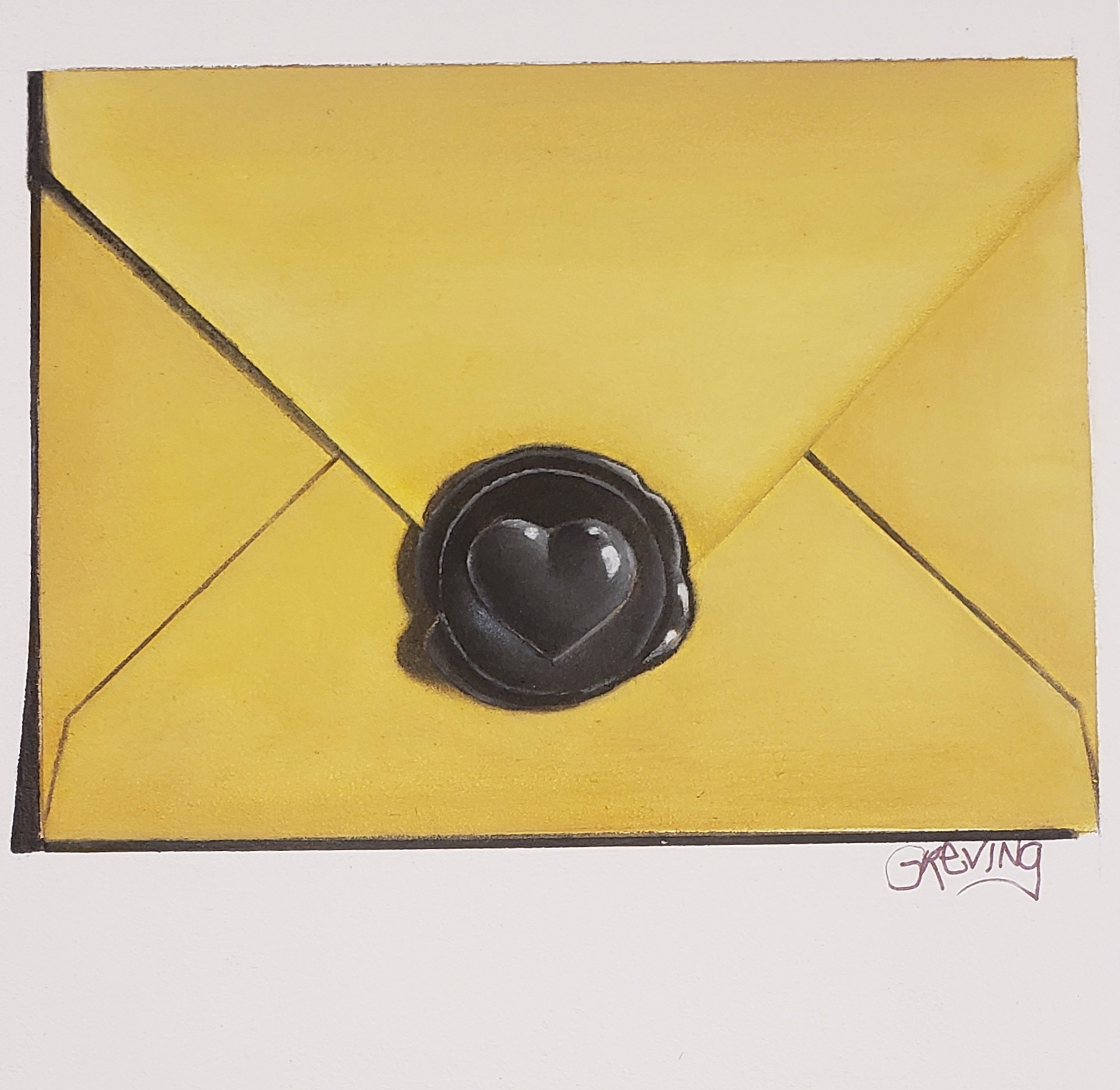 Gold Envelope with Black Heart Stamp by Barbara Greving