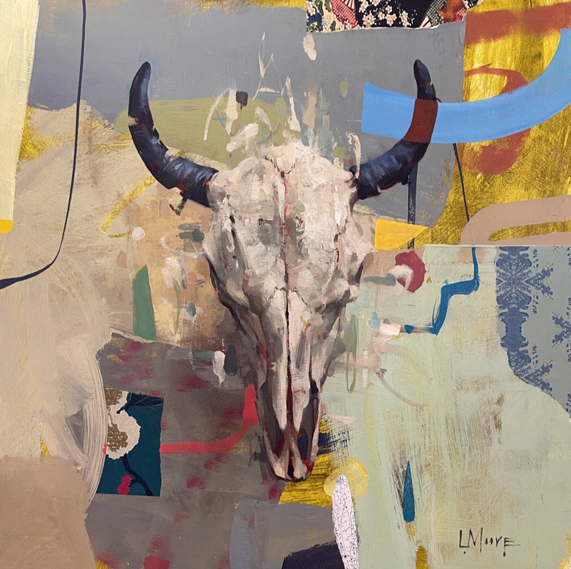 Original Mixed Media Painting By Larry Moore Of A Bison Skull With Abstract Background