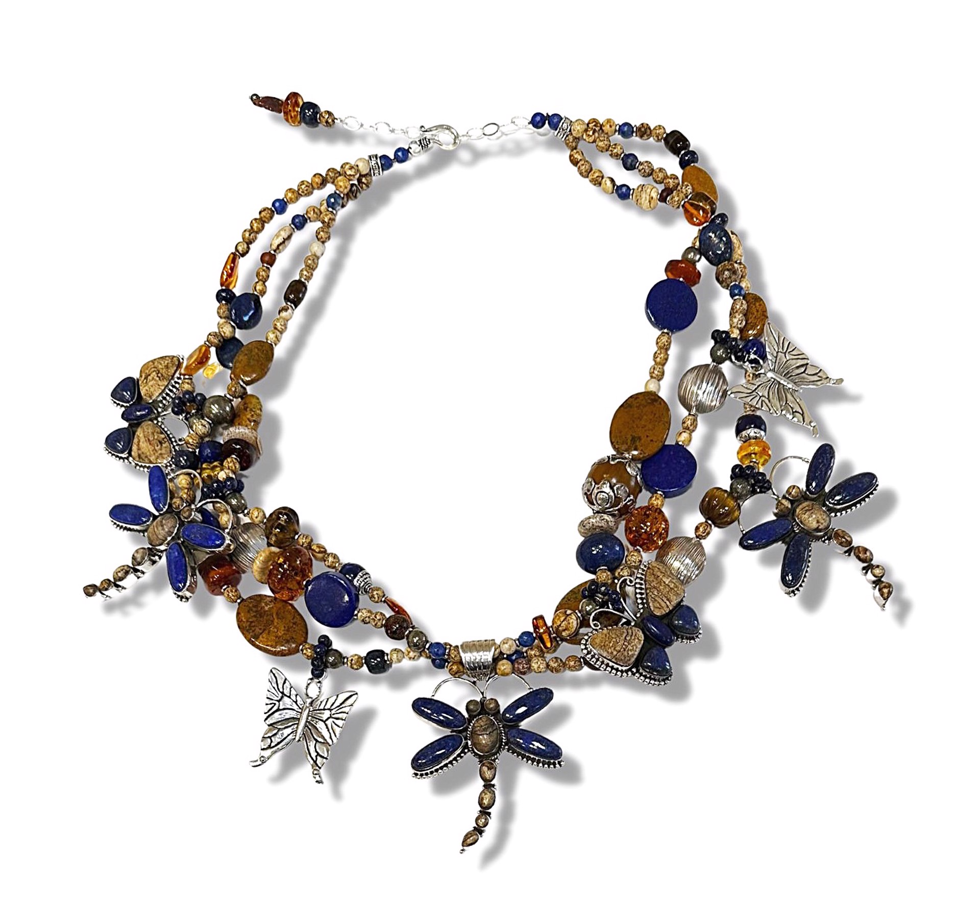 KY 1477 Triple Strand Picture Jasper and Lapis Butterfly/ Dragonfly Necklace by Kim Yubeta