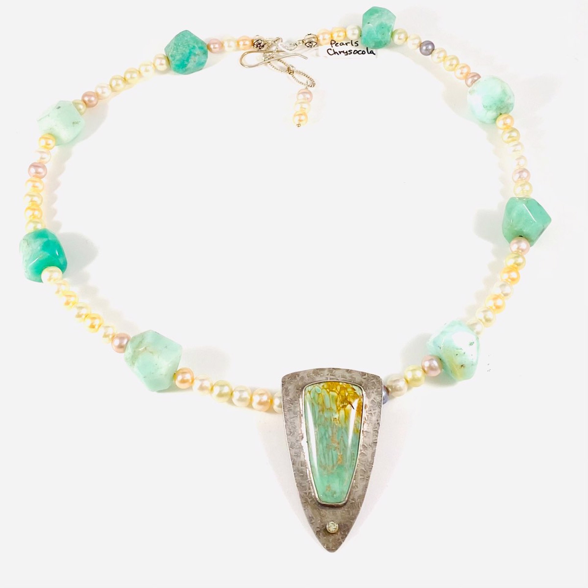 AB22-98 Inverted Triangle Variscite  with CZ accent 2"Pendant on Chrysocola Chunk and Pearl  Necklace by Anne Bivens