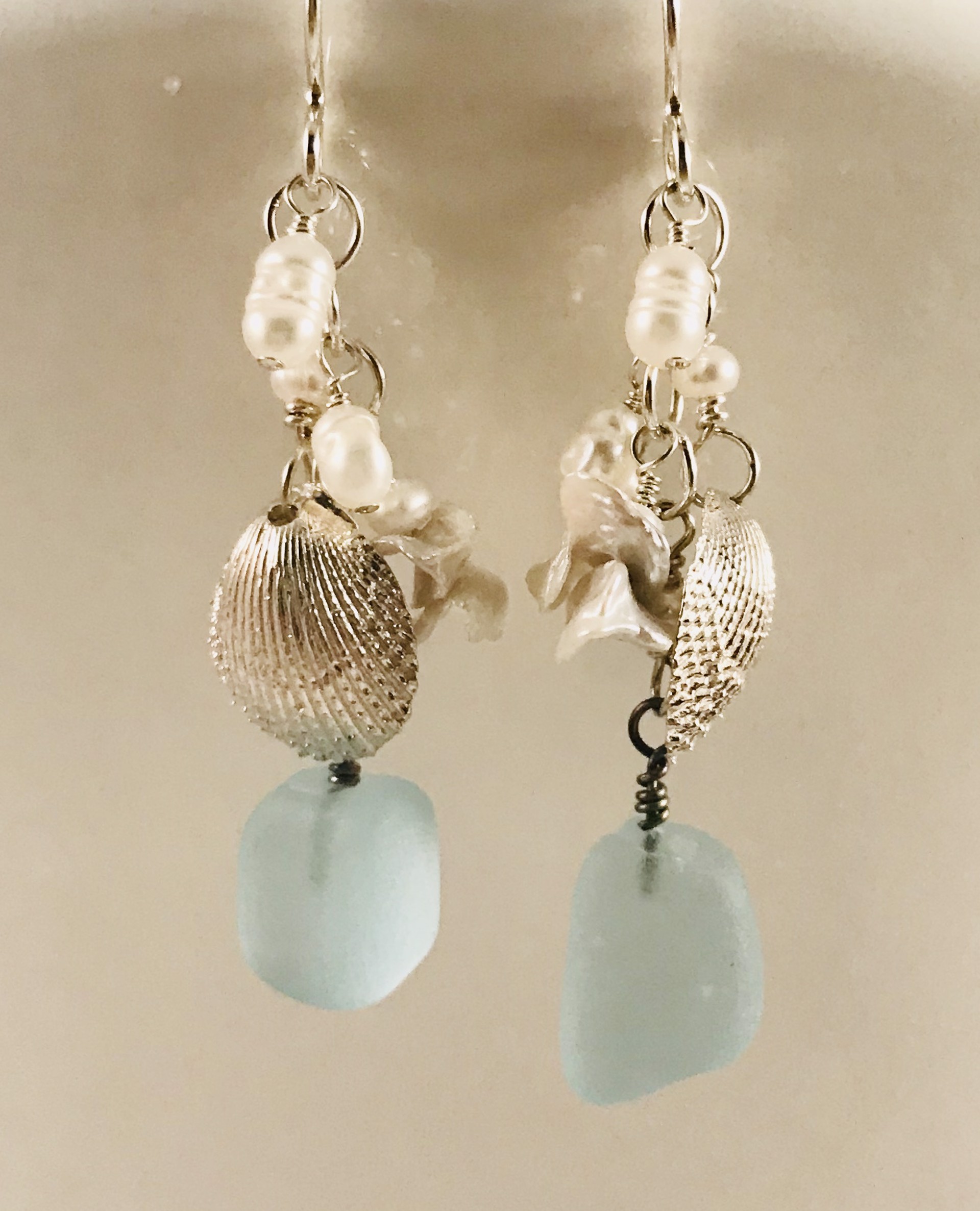 Sea glass, pearls and fine silver shell earrings by Linda Sacra