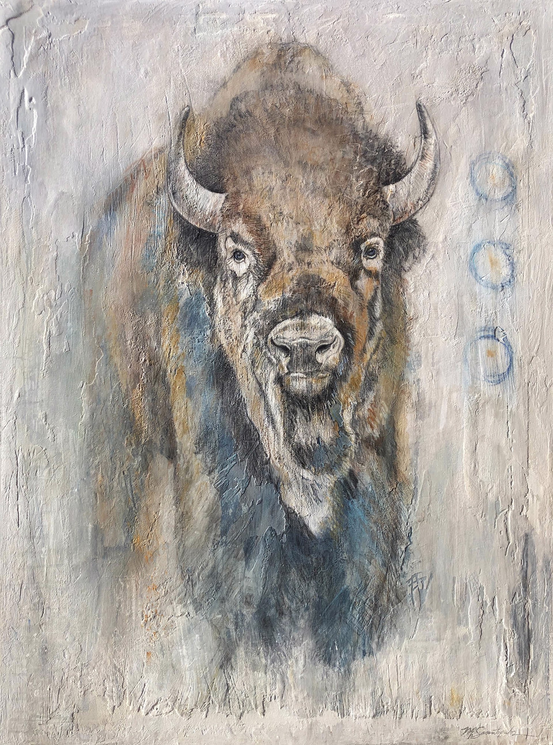 Original Mixed Media Painting Featuring A Bison On Abstract Gray Background