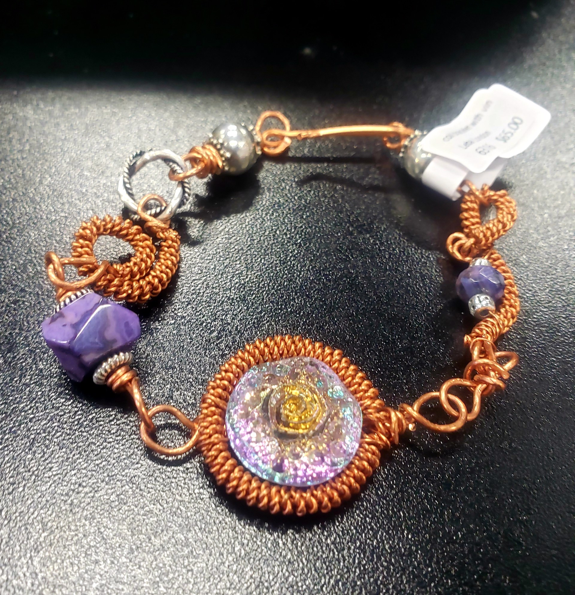 Coil Bracelet with Vintage Button and Charoite by Leba London