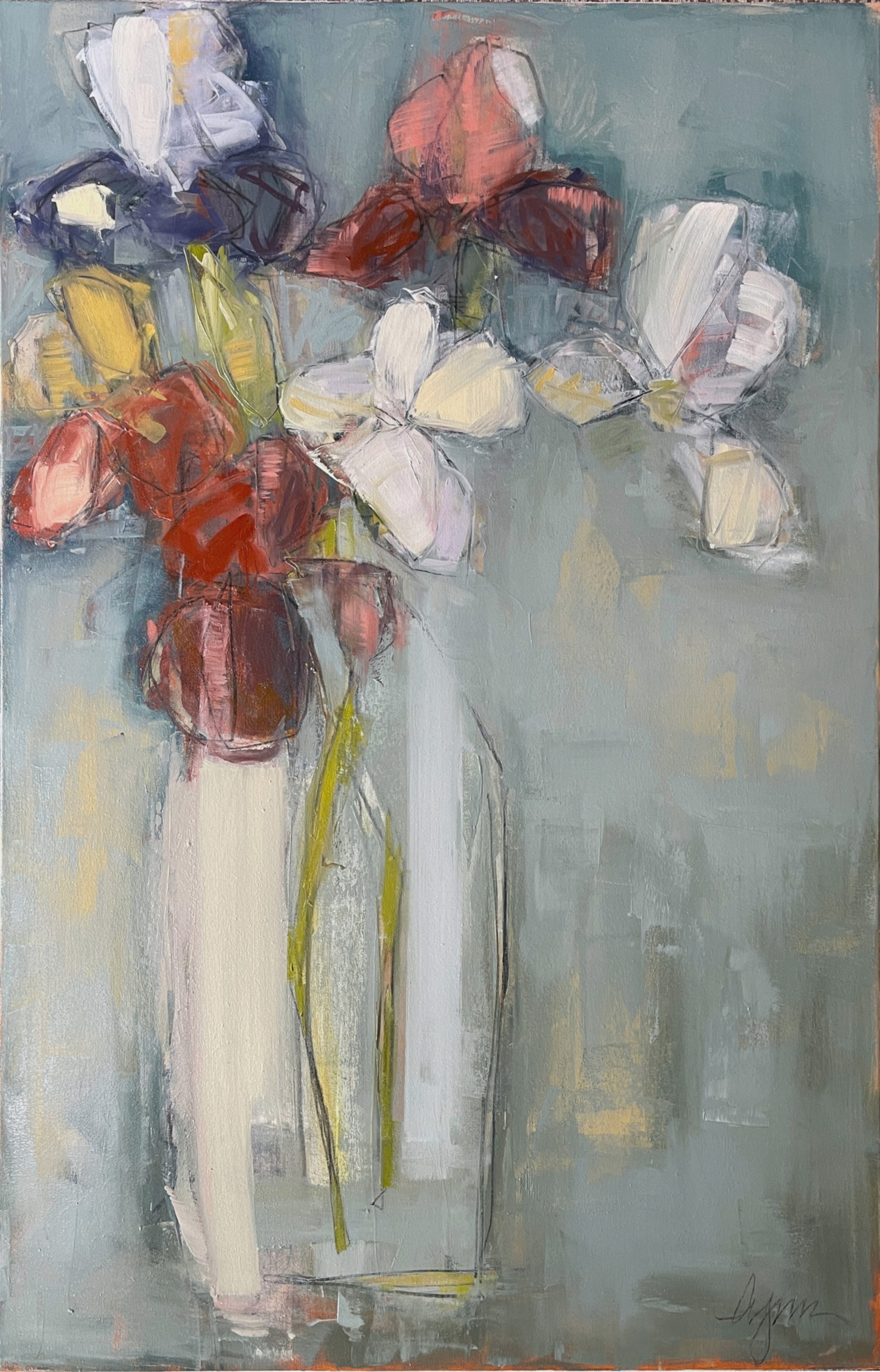 Ruby by Atlanta artist Lynn Johnson is a 60"H x 40"W abstract floral painting made of oil and graphite.
