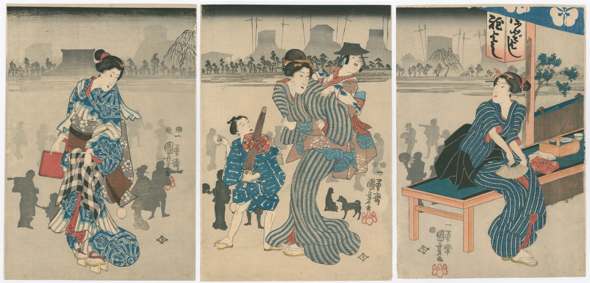 Silhouette Print of Bijin and Children Strolling by Kuniyoshi